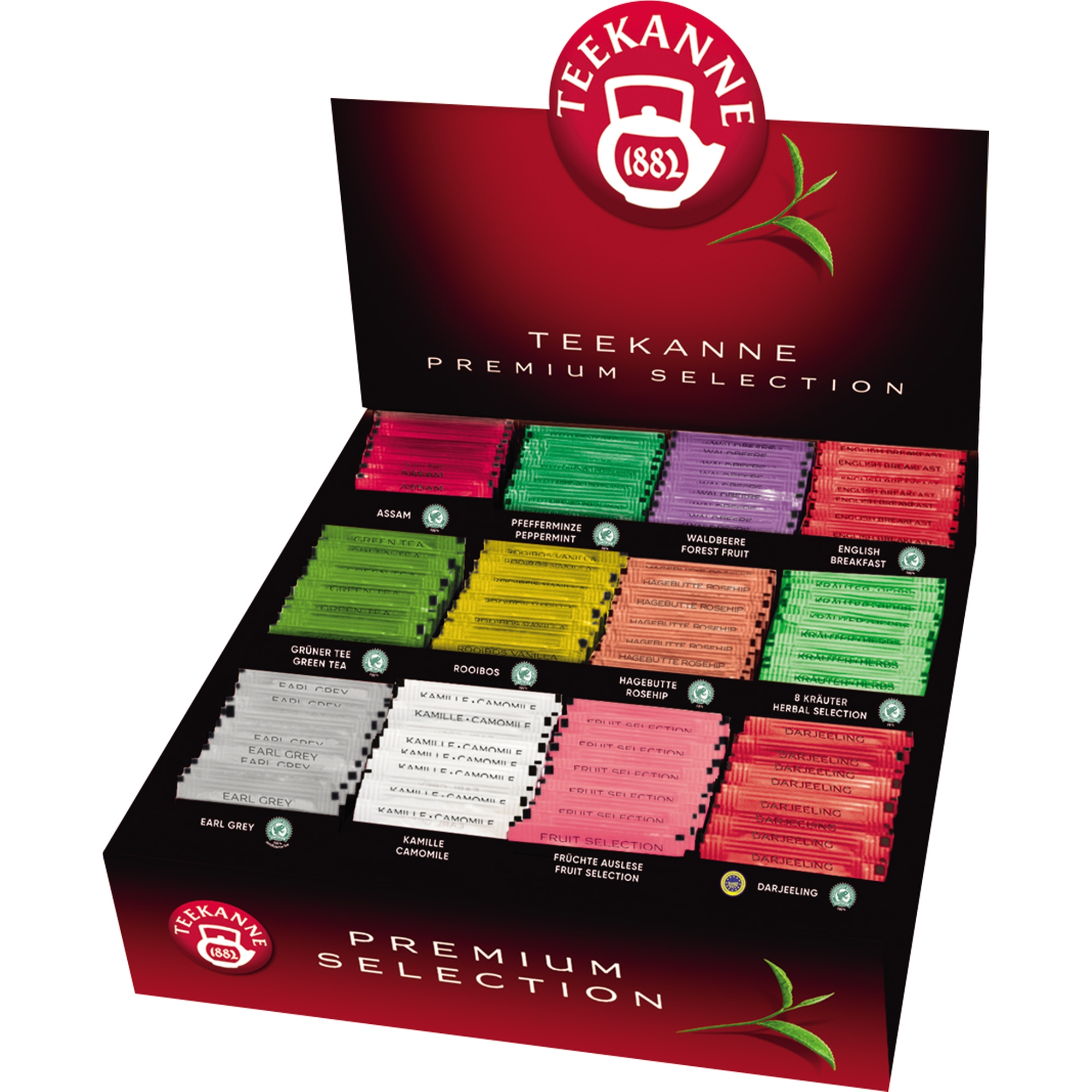 Teekanne Tee Gastro Premium Selection Box English Breakfast RFA, Assam RFA, Earl Grey RFA, Darjeeling RFA, Grüner Tee RFA, Rooibos RFA, Pfefferminze RFA, Kamille, 8Kräuter RFA, Hagebutte RFA, Früchte Auslese, Waldbeere 180 Btl./Pack.