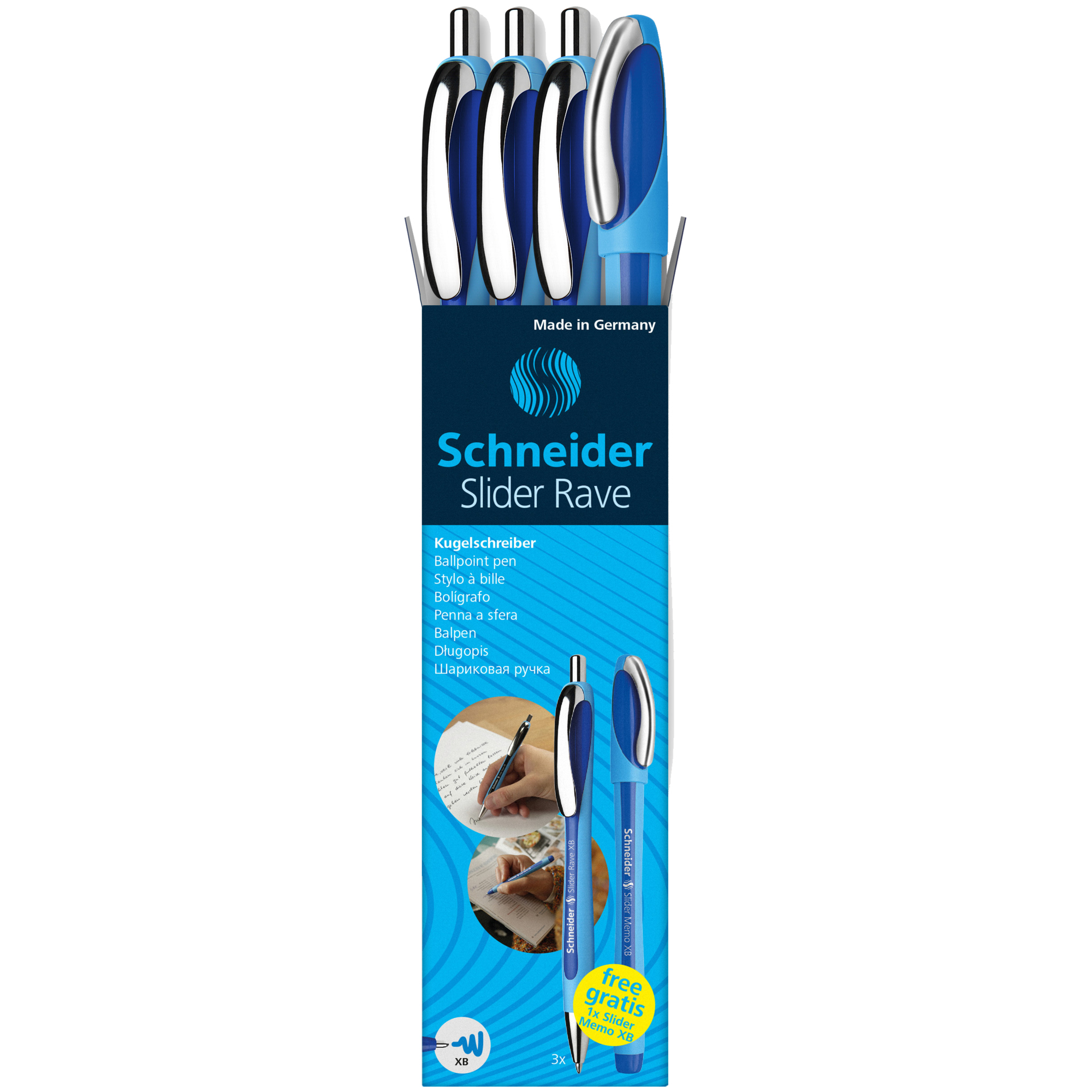 Schneider Kugelschreiber Slider Rave 0,7mm XB blau dokumentenecht inkl. 1 Schneider Kugelschreiber Slider Memo GRATIS Schaftfarbe: cyan/blau 3 St./Pack.