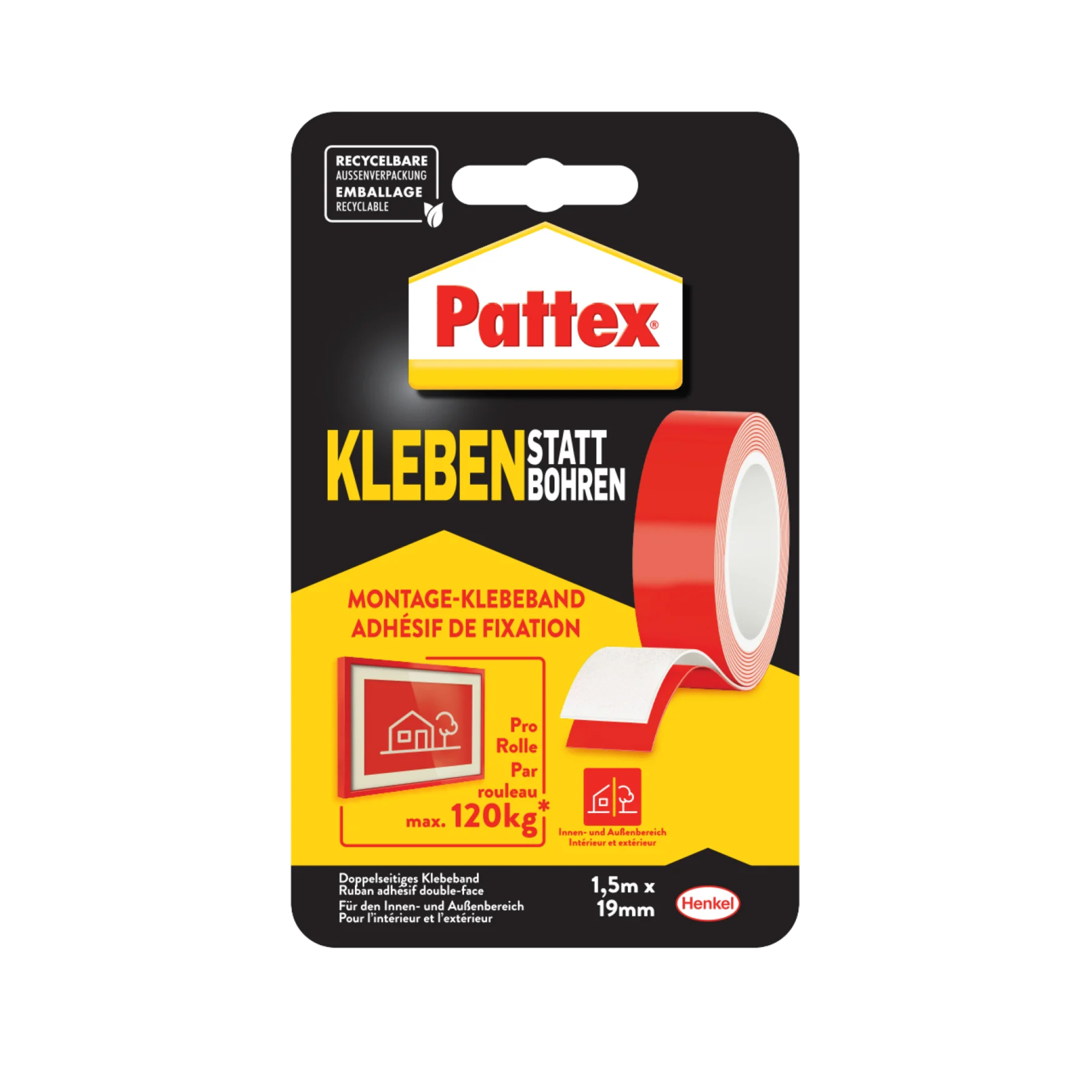 Pattex Montageklebeband Kleben statt Bohren Innenbereich, Außenbereich 19 mm x 1,5 m (B x L) 120kg beidseitig klebend rot