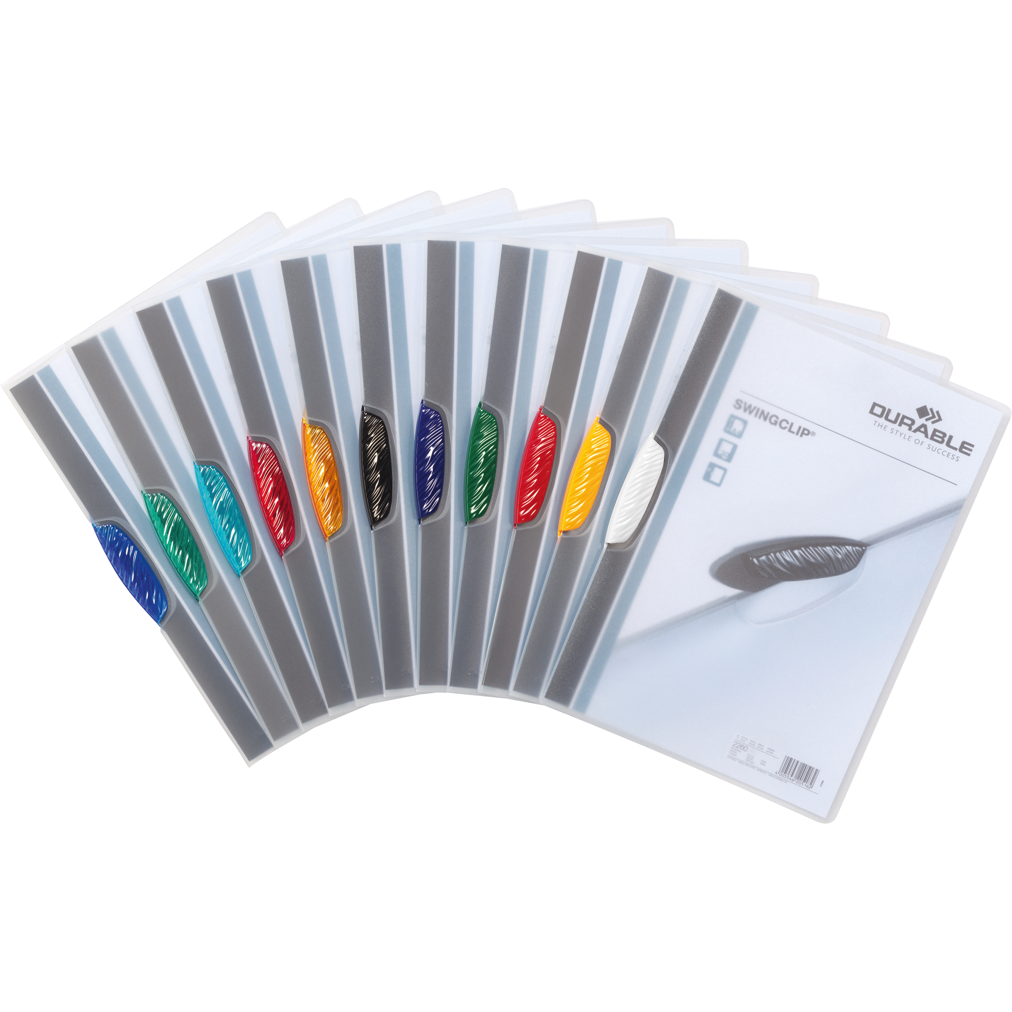 DURABLE Klemmmappe SWINGCLIP® DIN A4 Polypropylen Farbe der Rückseite: transparent Farbe der Klemme: je 5 x rot, gelb, grün, dunkelblau, schwarz 25 St./Pack.