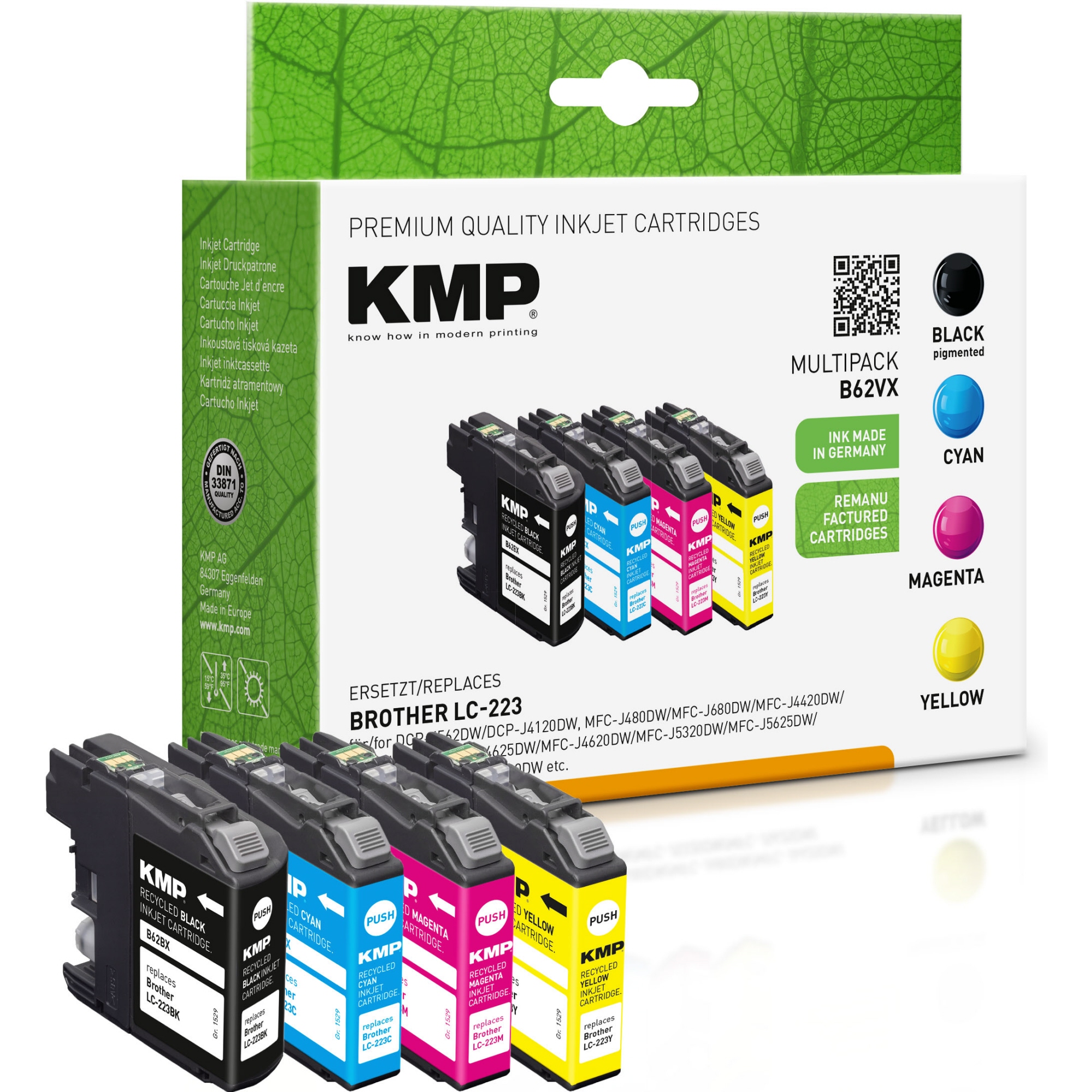 KMP Tintenpatrone kein Originalzubehör Kompatibel mit: Brother LC-223 B62VX ca. 4 x 550 Seiten schwarz, mehrfarbig 4 St./Pack.