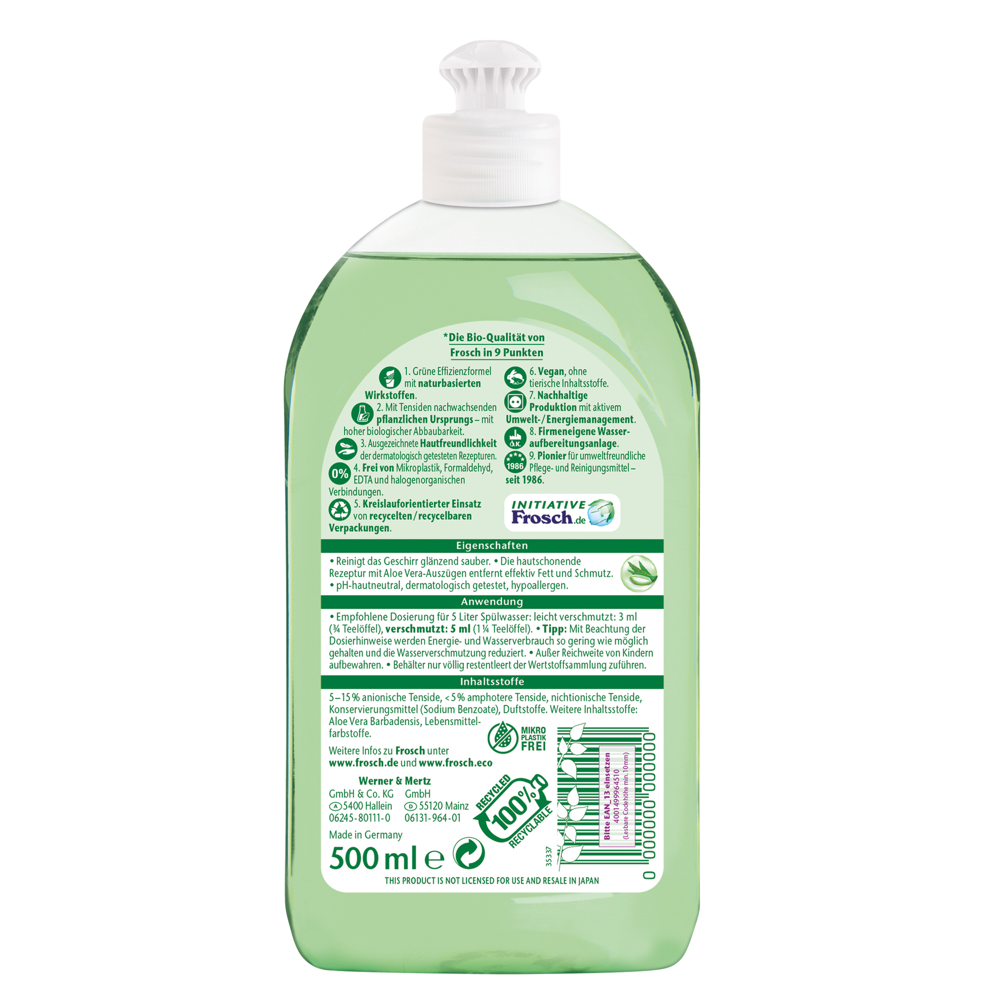 Frosch Geschirrspülmittel Aloe Vera biologisch abbaubar frei von Mikroplastik pH-Wert: 5,2 Kunststoff 0,5l