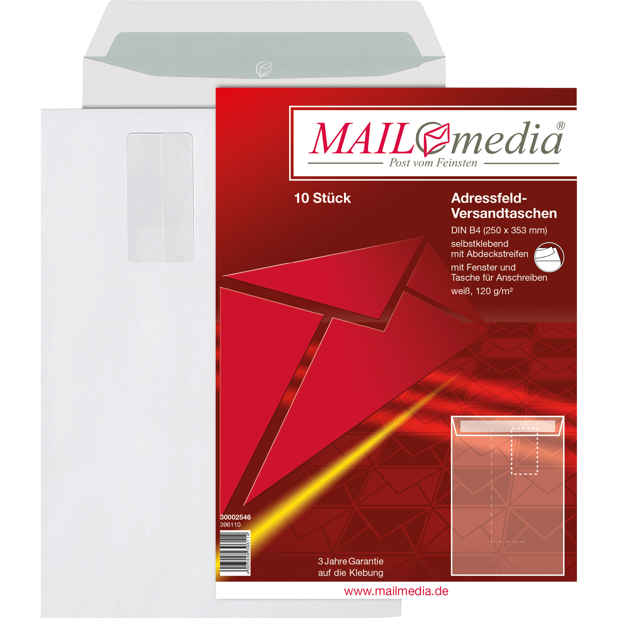 MAILmedia Versandtasche DIN B4 250 x 353 mm (B x H) mit Haftklebung mit Fenster 120g/m² ohne Fadenverstärkung weiß 10 St./Pack.