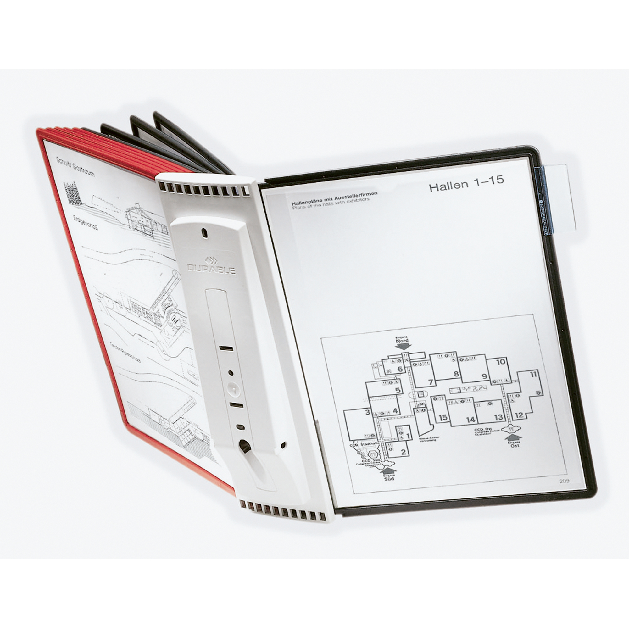 DURABLE Sichttafelwandhalter SHERPA® WALL 10 DIN A4 inkl. Kunststoffreitern mit blanko Einsteckschildern ABS Kunststoff/Polypropylen/Polyamid je 5 x schwarz, rot 10 Sichttafeln