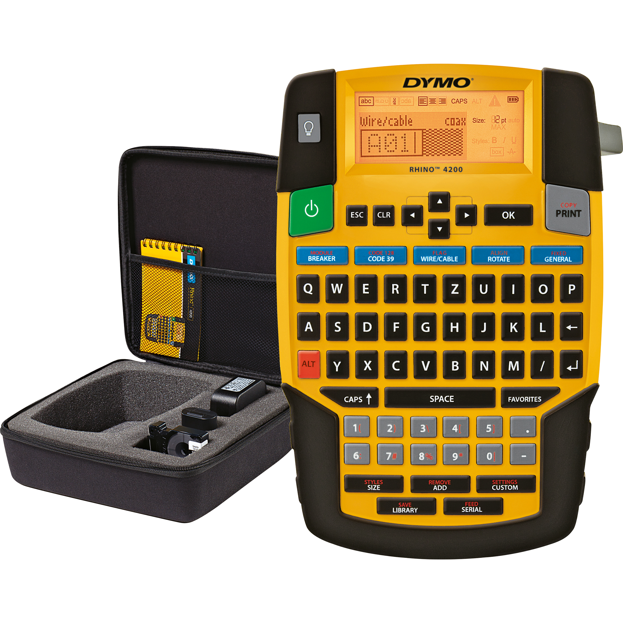DYMO® Beschriftungsgerät Rhino™ 4200 4 Display-Zeilen 7 Schriftgrößen 4 Druckzeilen inkl. Vinylband (12 mm, weiß), Kurzanleitung, Netzadapter (S0721440), Akku Li-Ion (S0895840)
