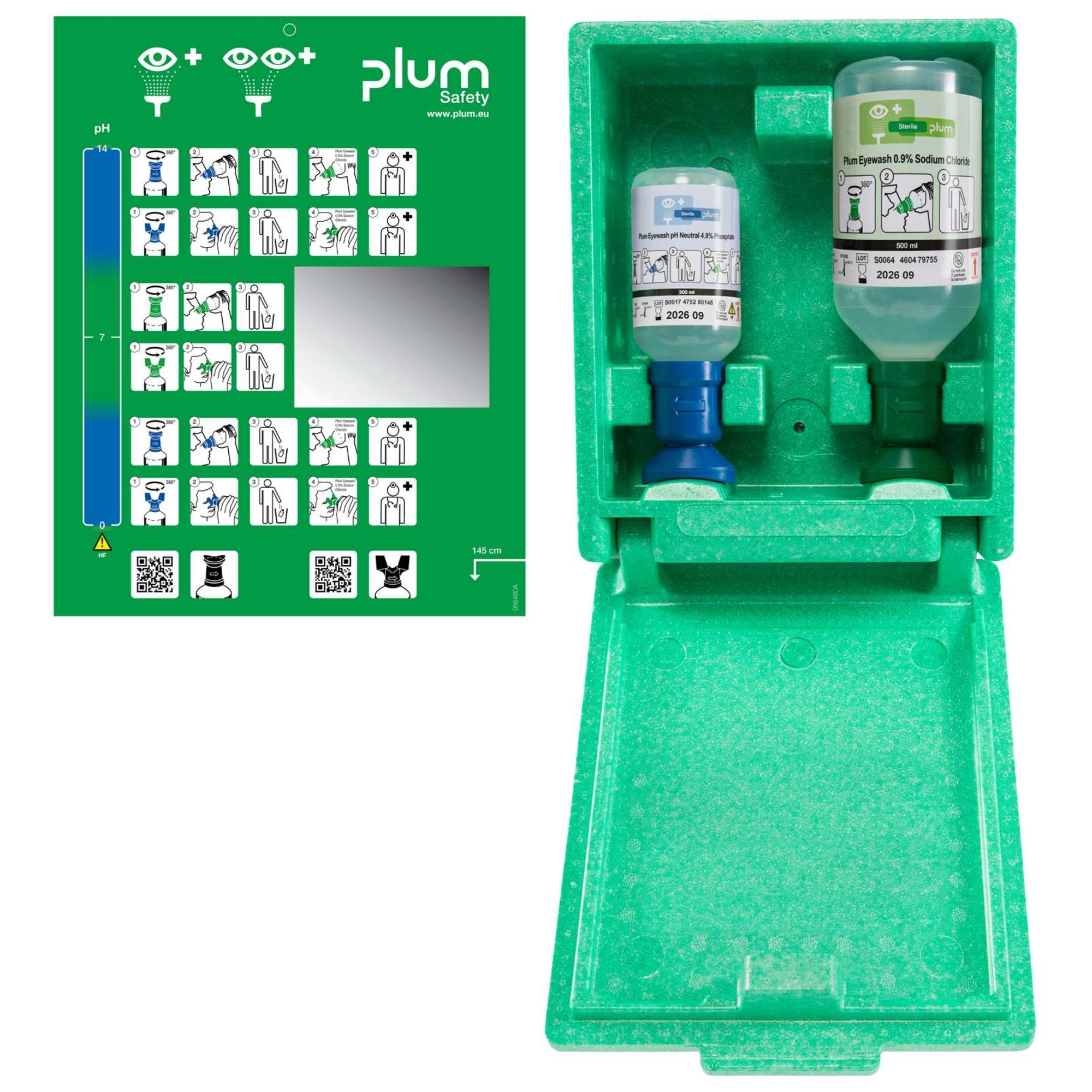 PLUM Augenspülstation 28 x 23 x 11 cm (B x H x T) 1 x 200 ml pH Neutral 4.9 % Phosphate, 1 x 500 ml 0,9 % Natrium Chloride Augenspüllösung, Piktogrammtafel mit Spiegel grün