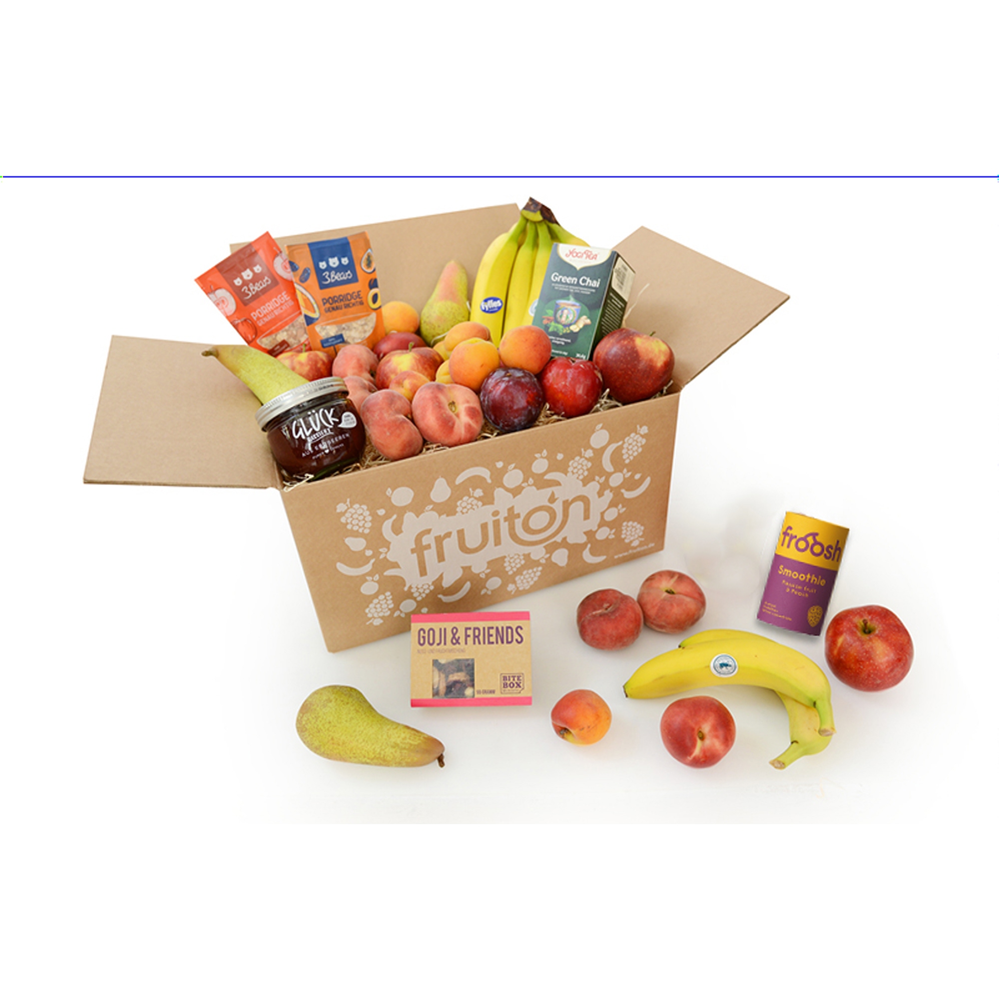 Grußbox Frühstück Box XL 1 x Chai Tee (30 g), 1 x Konfitüre Erdbeere (230 g), 1 x Smoothie (150 ml), 1 x Goji & Friends (55 g), 2 x 50 g Vegan Porridge (Apfel/Zimt und Kokosnuss), Banane, Äpfel, Birne, 4 x Saisonale Früchten