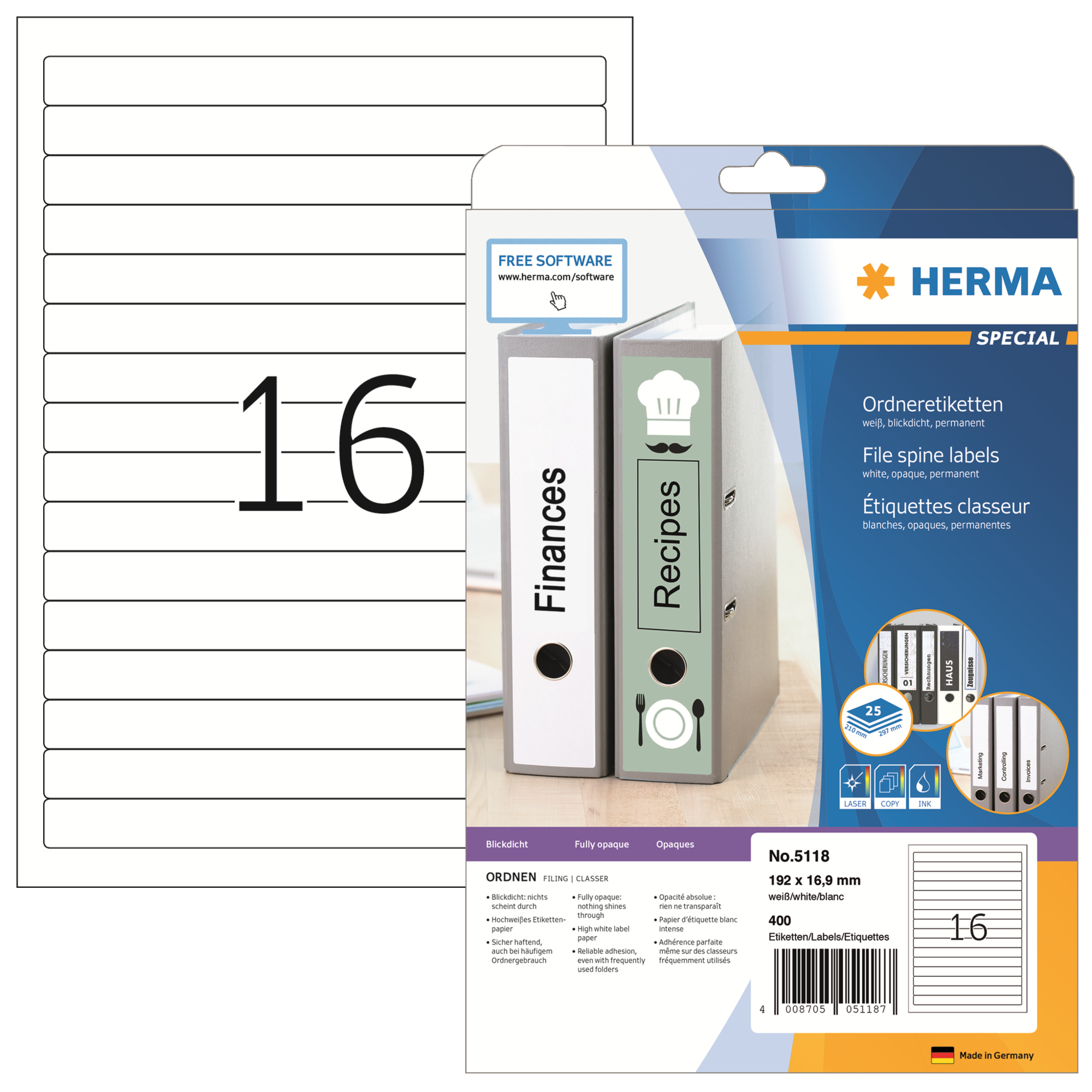HERMA Ordnerrückenetikett schmal/kurz 16,9 x 192 mm (B x H) selbstklebend ohne Griffloch weiß 400 Etik./Pack.