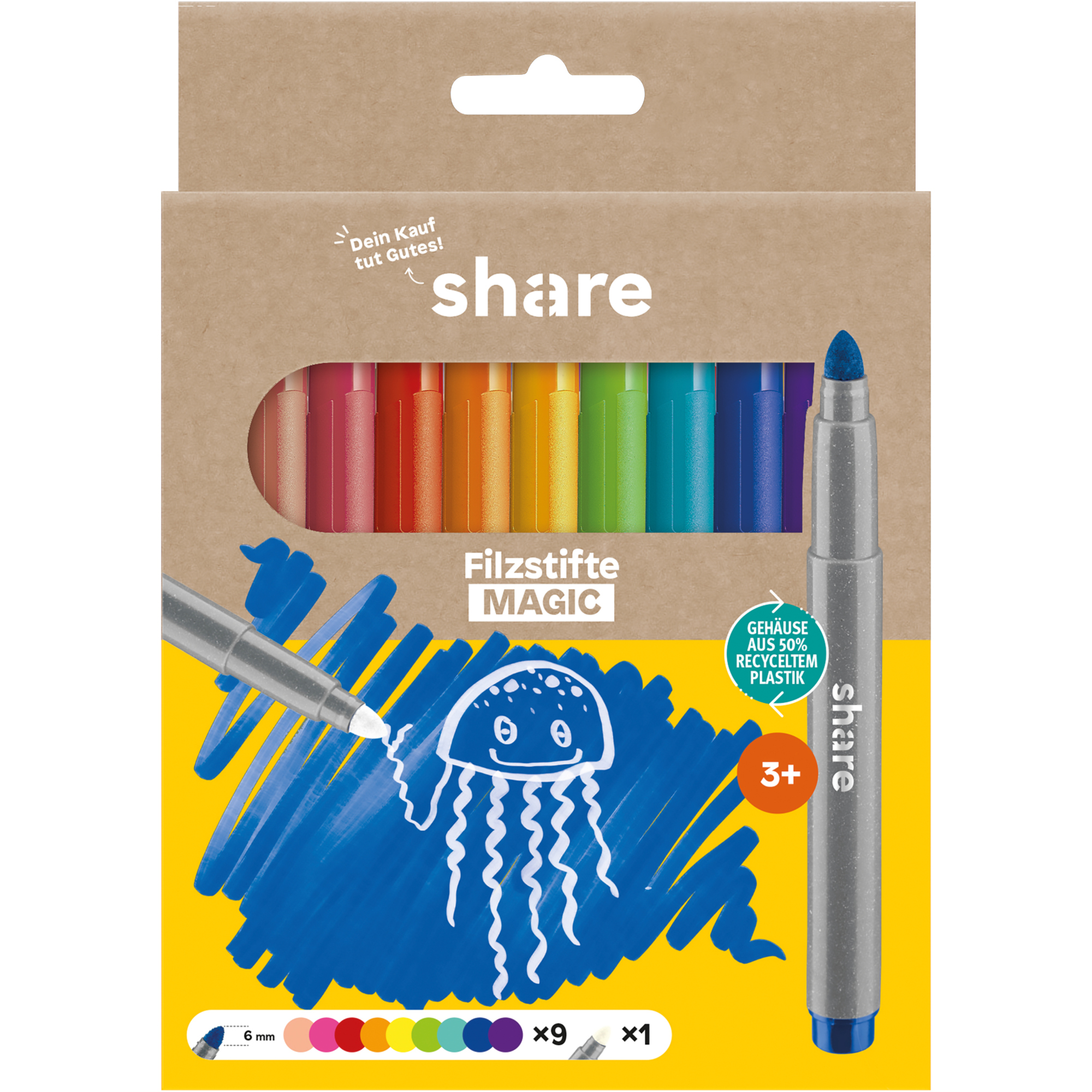 share Fasermaler Magic 2mm farbig sortiert auswaschbar inkl. Magic Marker mit Löschfunktion 10 St./Pack.