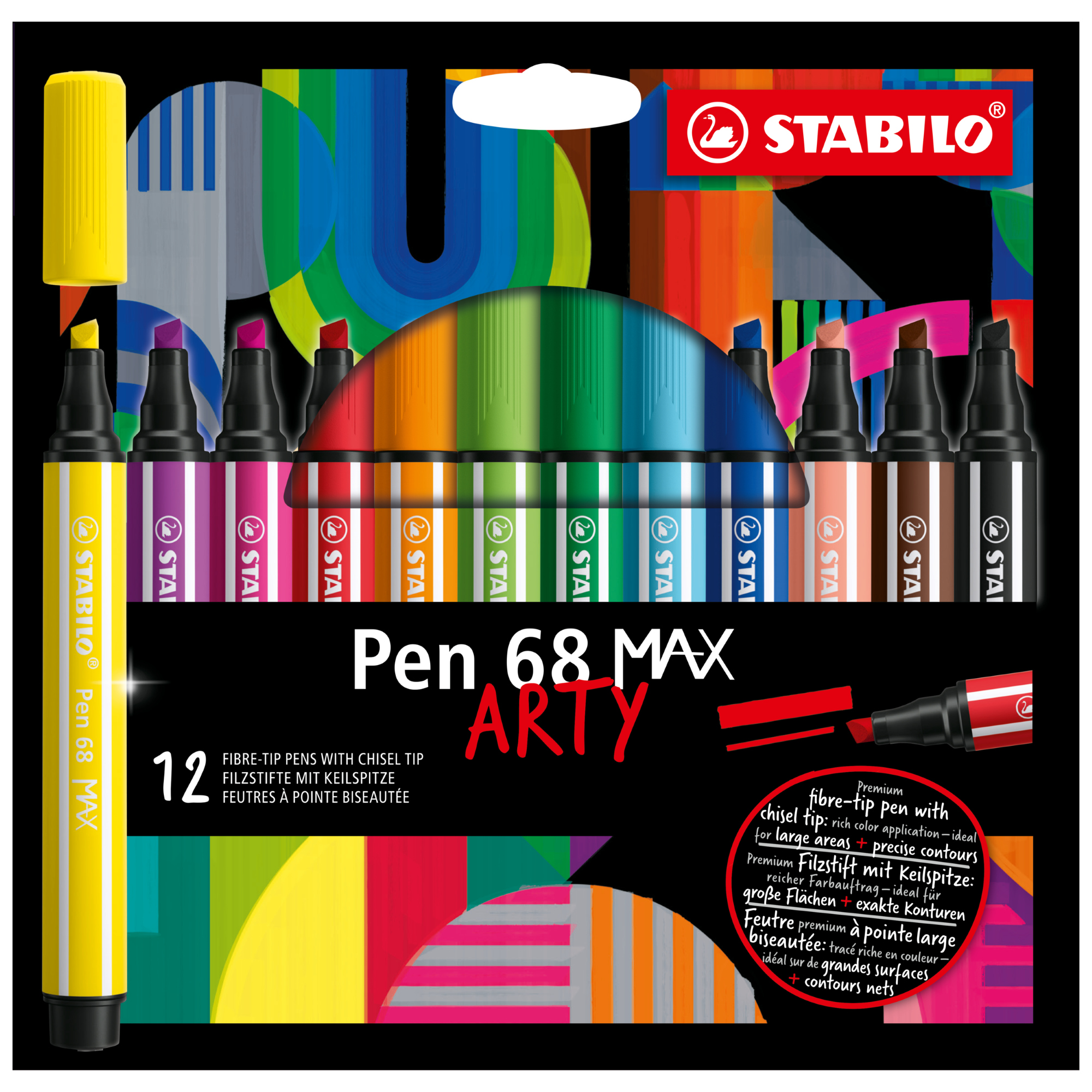 STABILO® Fasermaler Pen 68 MAX ARTY 1-5mm farbig sortiert nicht auswaschbar 12 St./Pack.