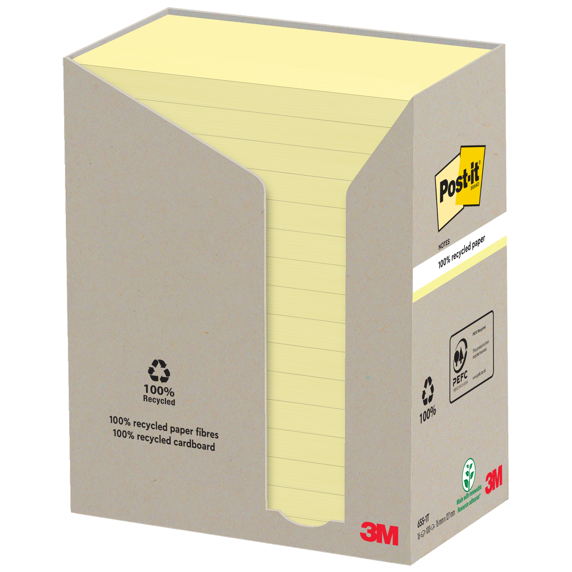 Post-it® Haftnotiz Recycling Notes Tower 127 x 76 mm (B x H) gelb 100 Bl./Block 16 Block/Pack.