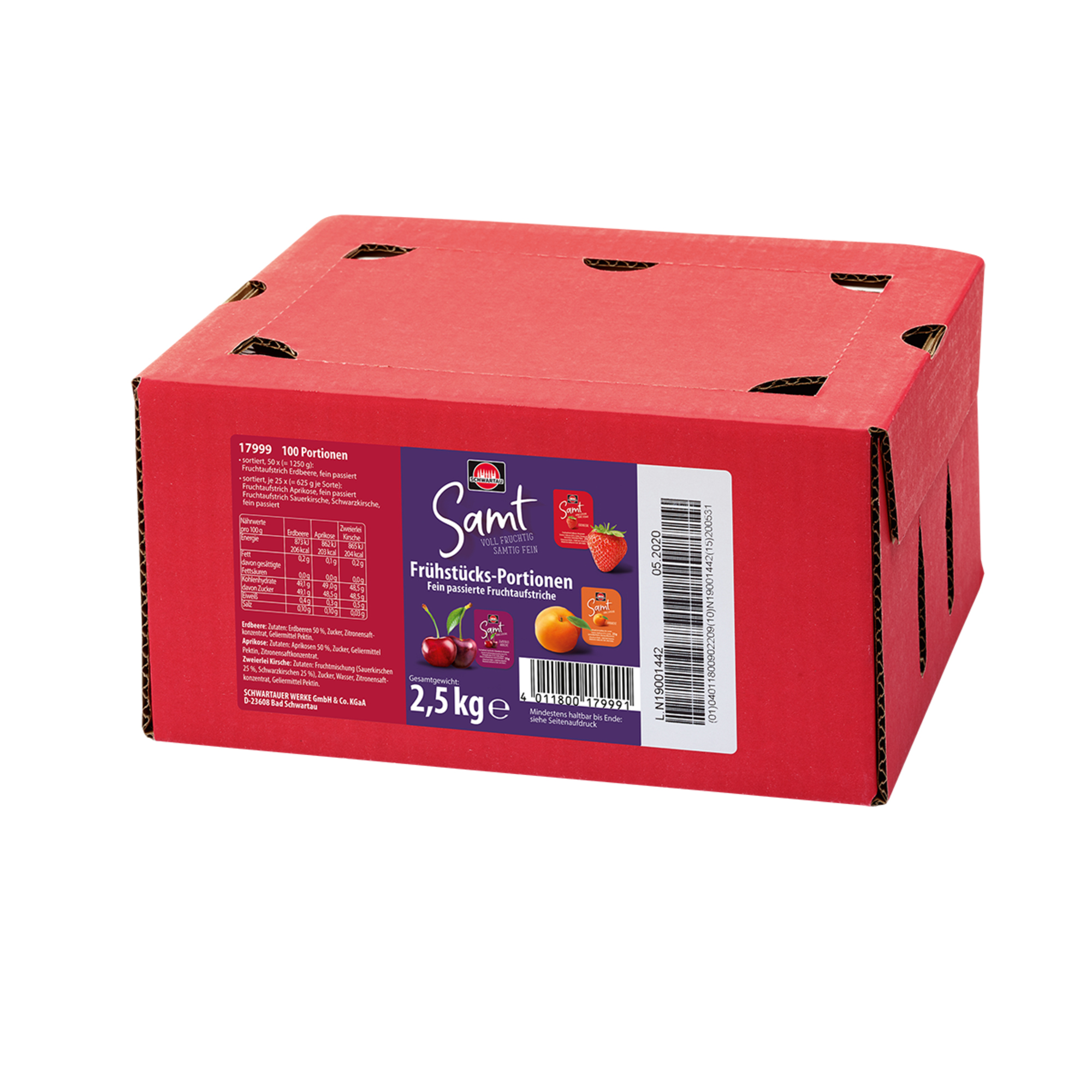 Schwartau Brotaufstrich Samt Konfitüre 50 x Erdbeere, 25 x Aprikose, 25 x zweierlei Kirsche Portionsschale 100 x 25 g/Pack.