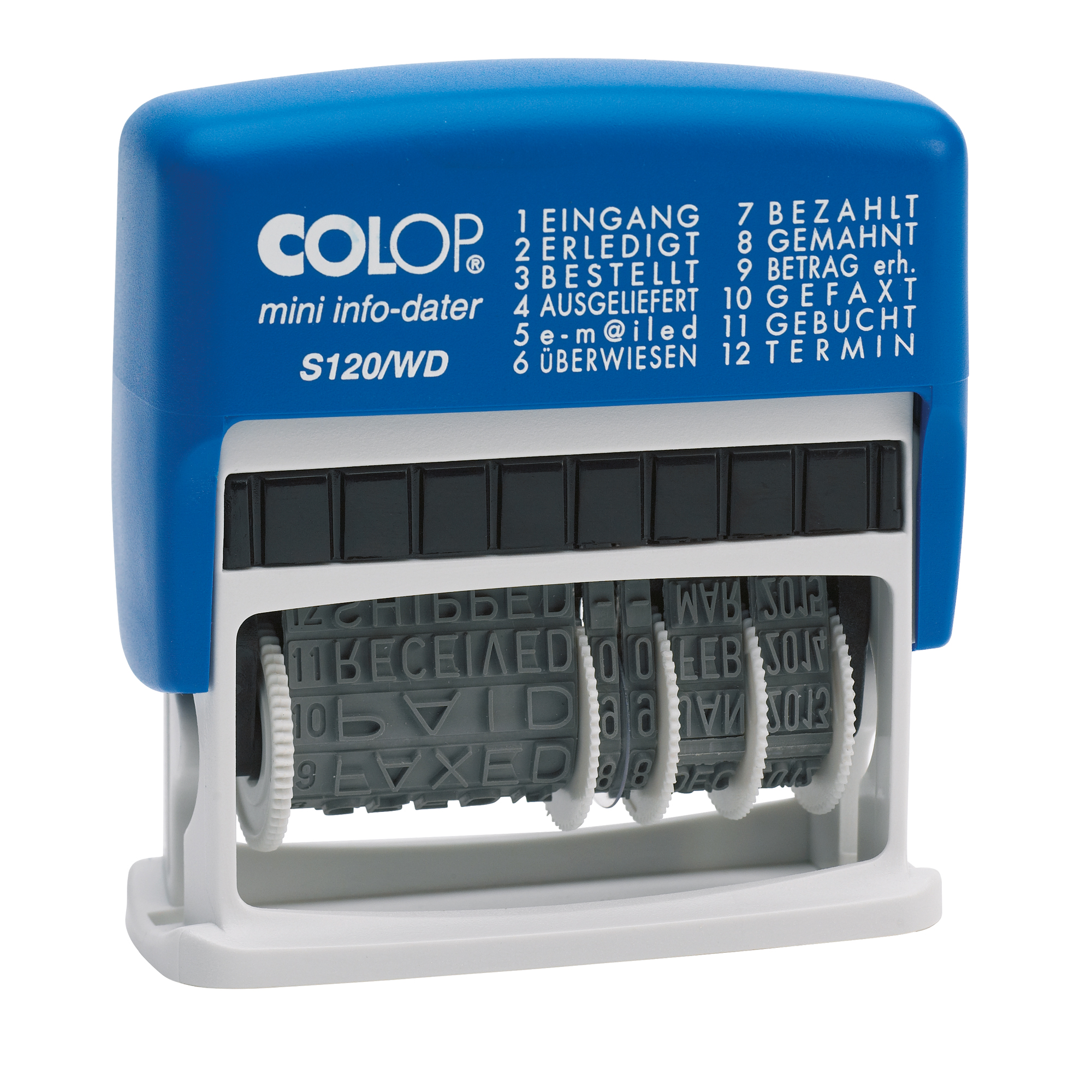COLOP® Datumstempel mini-dater S120/WD 47 x 4 mm (B x H) EINGANG, ERLEDIGT, BESTELLT, AUSGELIEFERT, e-m@iled, ÜBERWIESEN, BEZAHLT, GEMAHNT, BETRAG erh., GEFAXT, GEBUCHT, TERMIN 1 Druckzeile blau/rot