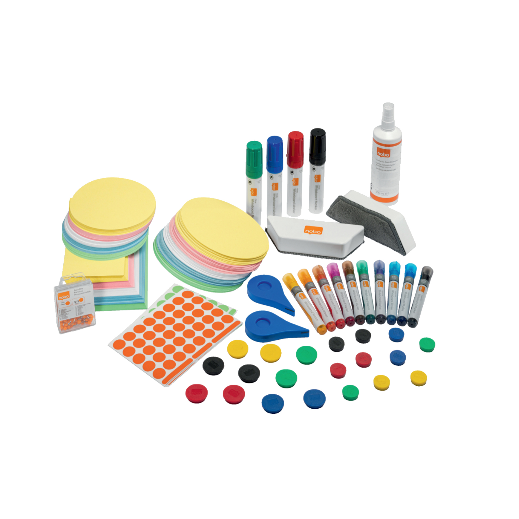 Nobo® Starterset Whiteboard Move & Meet Teamwork 14 Whiteboardmarker (farbig), 10 Magnete (Ø 32 mm farbig), 10 Magnete (Ø 24 mm farbig), 2 Tafelwischer, 1 Reinigungsspray, 2 Rasterbänder, 100 Pinnnadeln, 750 Moderationskarten (farbig), 1.040 Klebepunkte