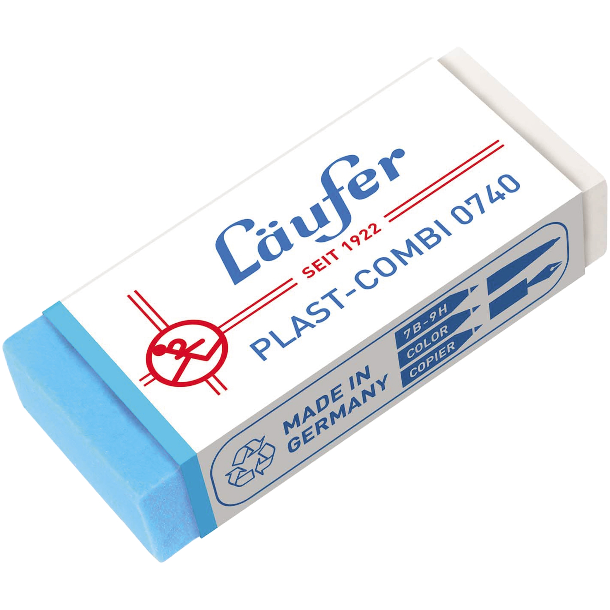 Läufer Radierer Plast-Combi Bleistifte, Buntstifte, Kopierstifte, Kugelschreiber, Faserschreiber, Tinte, Tusche 2 x 0,9 x 4,6 cm (B x H x L) Kunststoff transluzent/blau