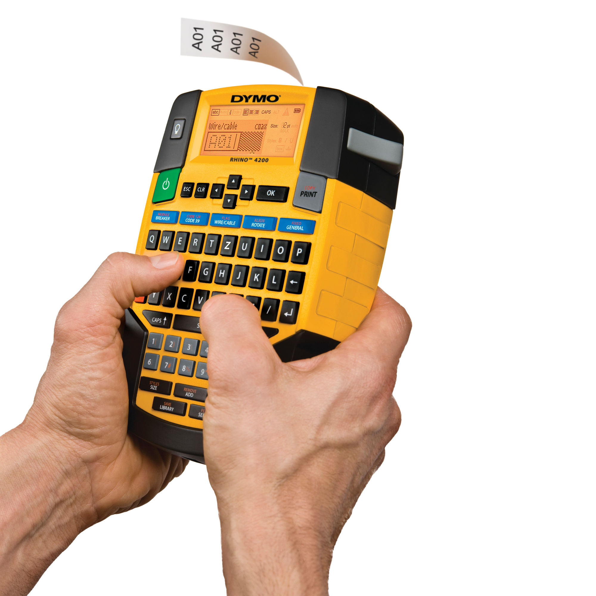 DYMO® Beschriftungsgerät Rhino™ 4200 4 Display-Zeilen 7 Schriftgrößen 4 Druckzeilen inkl. Vinylband (12 mm, weiß), Kurzanleitung, Netzadapter (S0721440), Akku Li-Ion (S0895840)