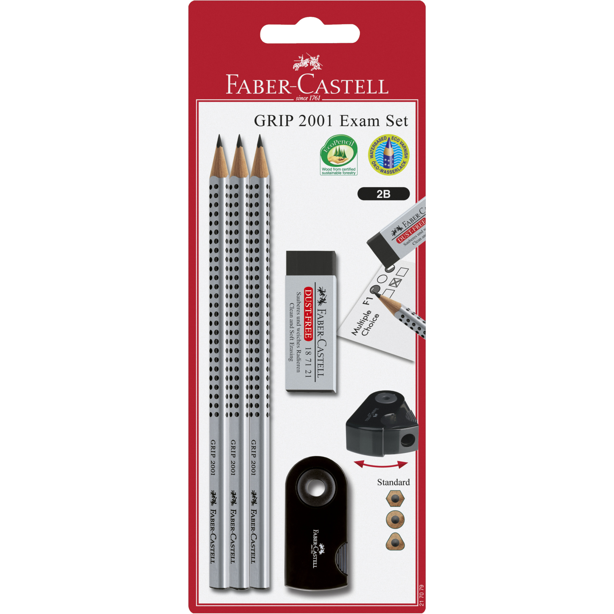 Faber-Castell Bleistiftset Grip 2001 EXAM 3 x Bleistift Grip 2001, 1 Spitzdose Sleeve, 1 Radierer Dust-free 2B silber