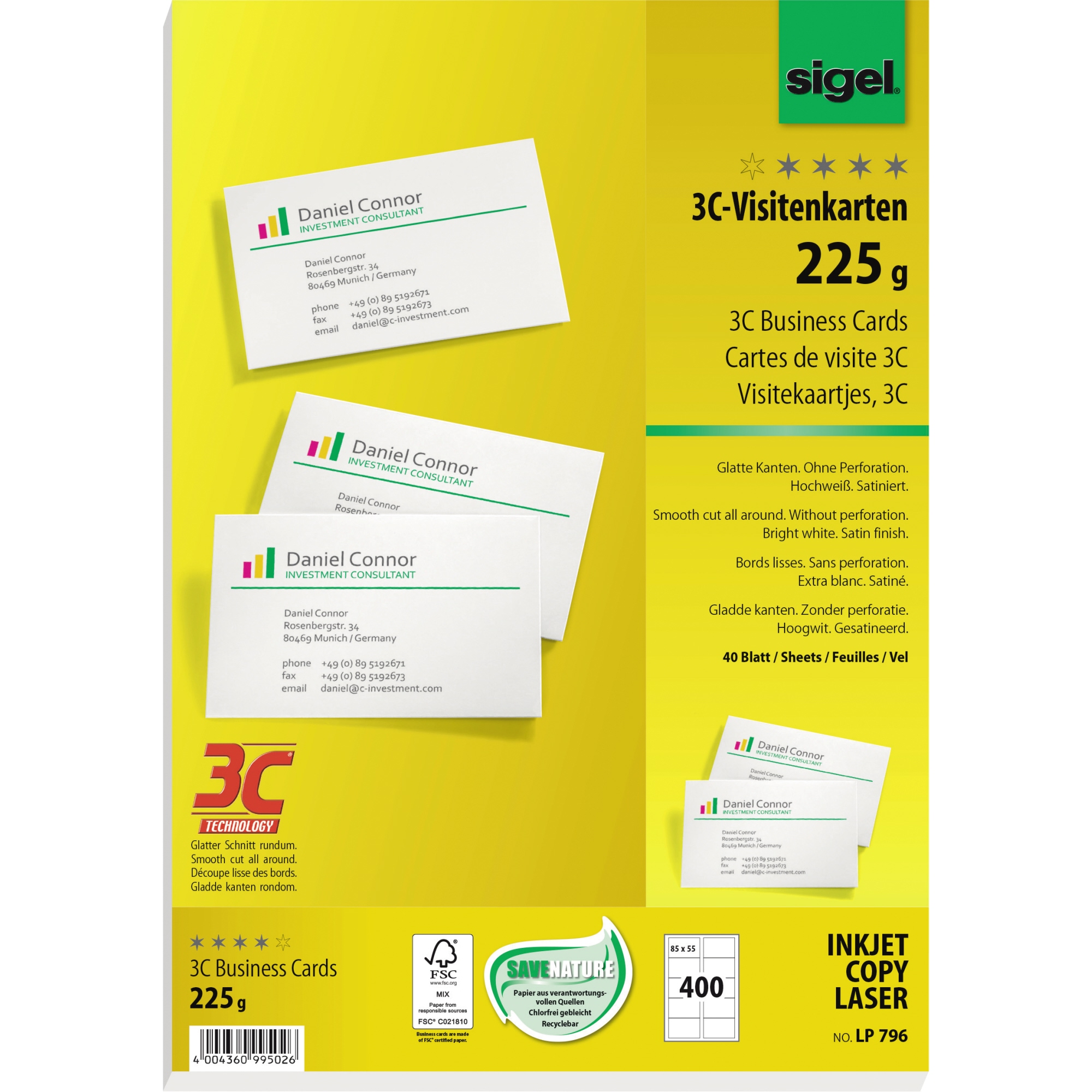 SIGEL Visitenkarte DIN A4 225g/m² hochweiß 40 Bl./Pack. 400 St./Pack.