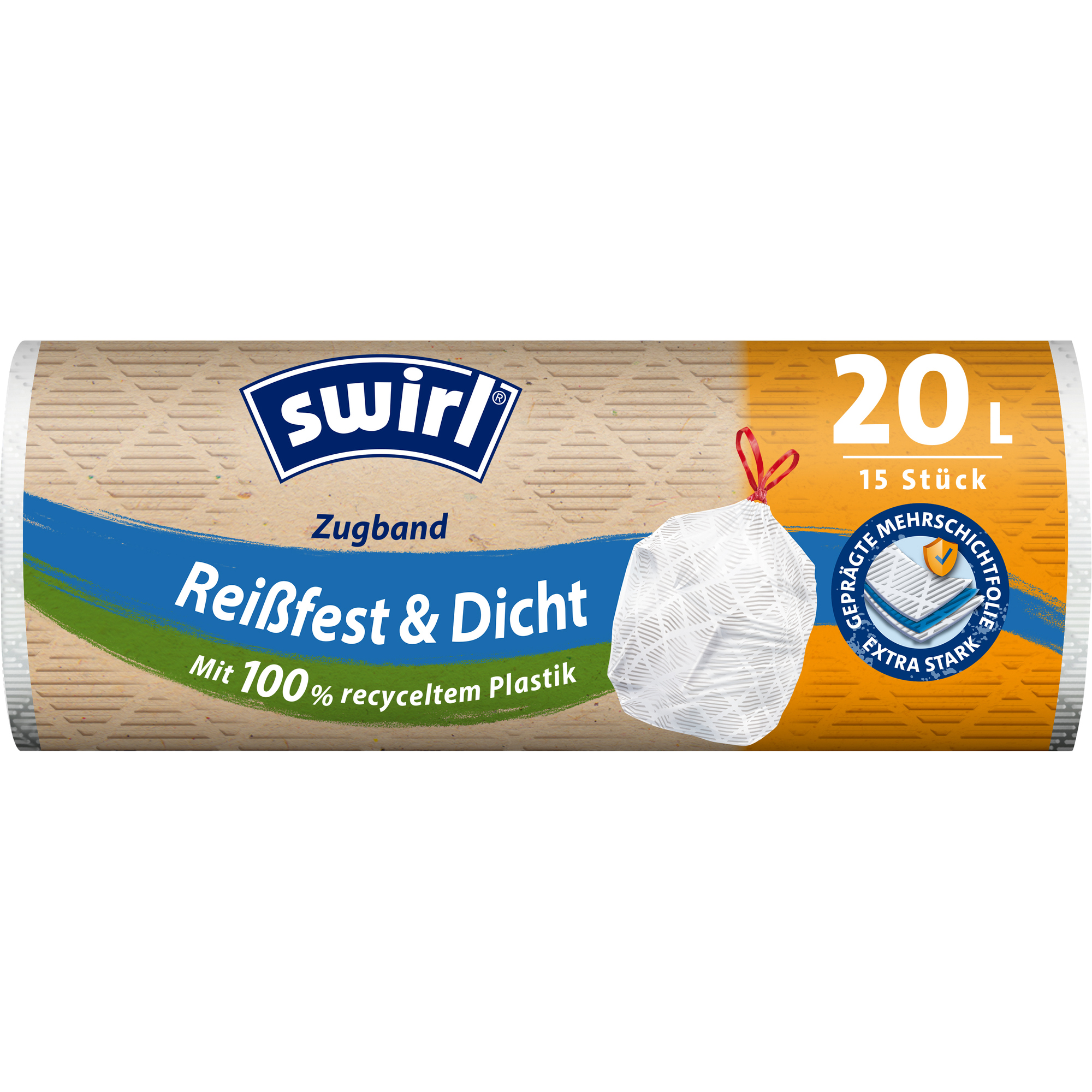 Swirl Müllbeutel 45 x 50 cm (B x H) 20l Plastik, 100 % recycelt weiß 15 St./Pack.