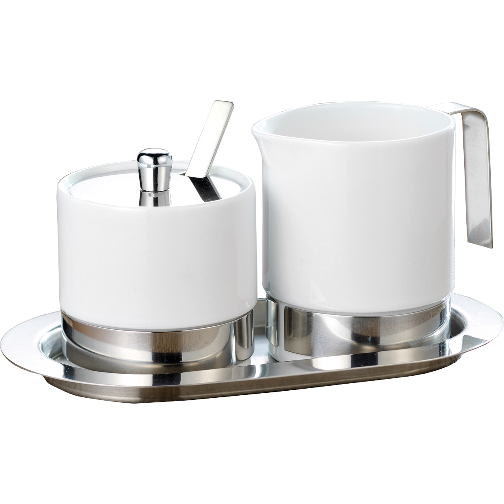 Esmeyer® Zucker-Milchset ADAM ca. 20 x 11,5 cm (B x H) inkl. Sahnegießer 0,25 l, Zuckerdose 0,2 l, Deckel, Löffel, Serviertablett Porzellan/Edelstahl weiß 5 St./Pack.