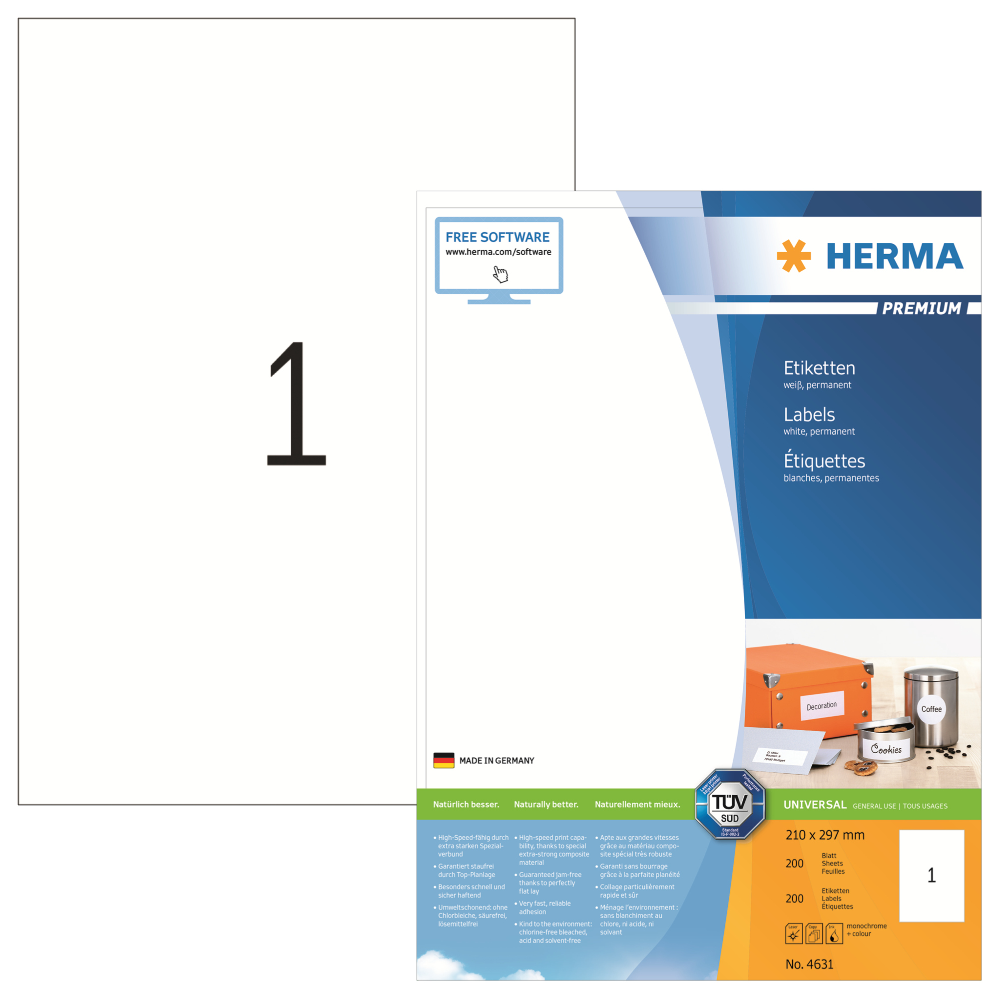 HERMA Universaletikett PREMIUM 210 x 297 mm (B x H) nicht wieder ablösbar Papier weiß 200 Etik./Pack.
