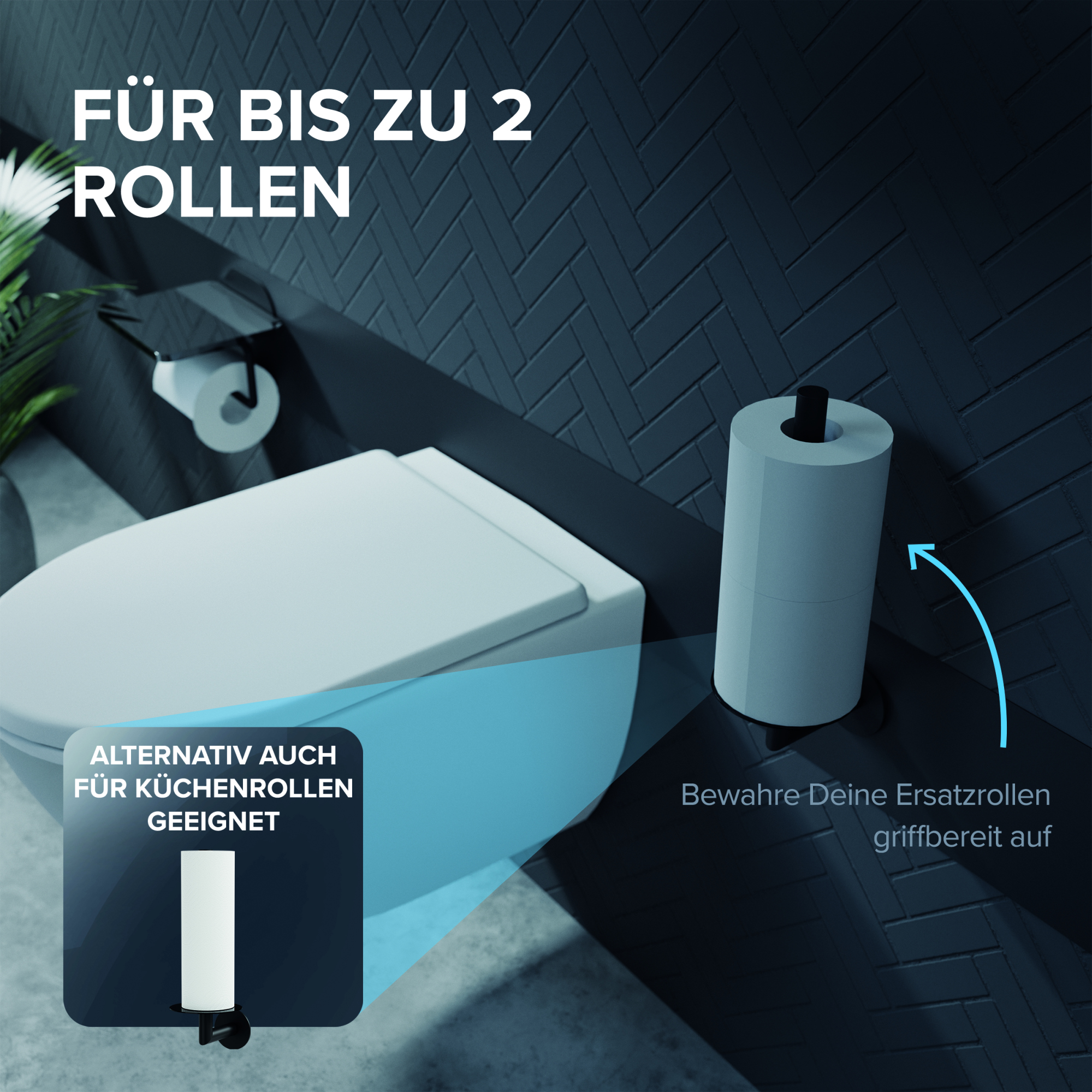 ovimar WC-Rollenhalter 13,5 x 5 x 28,5 cm (B x H x T) 2 Rollen Edelstahl/Glas schwarz