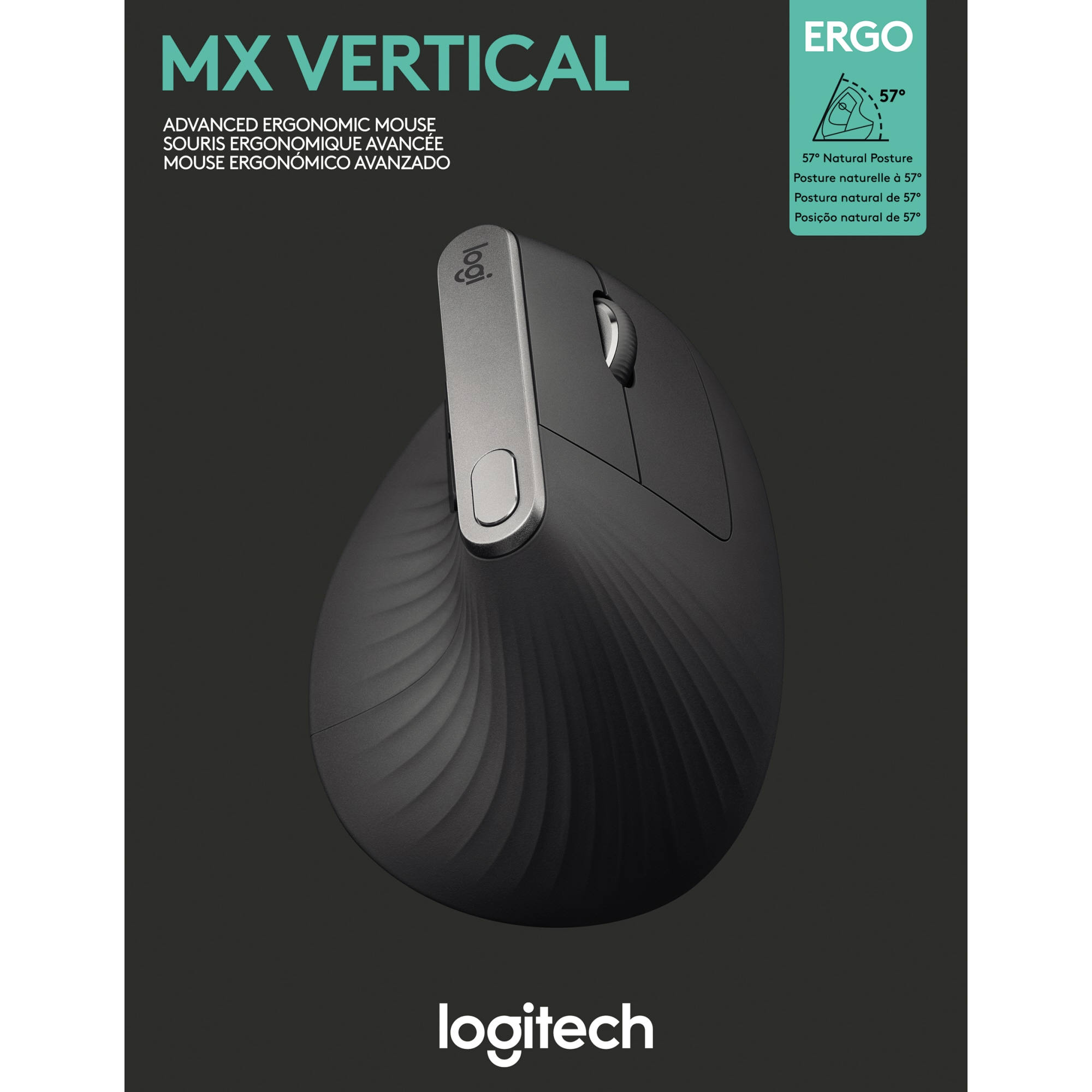 Logitech Optische PC Maus MX Vertical Rechtshänder ergonomisch USB-A, USB-C 10m Akku inkl. Unifying-Empfänger, USB-C-Ladekabel (USB-A auf USB-C) anthrazit