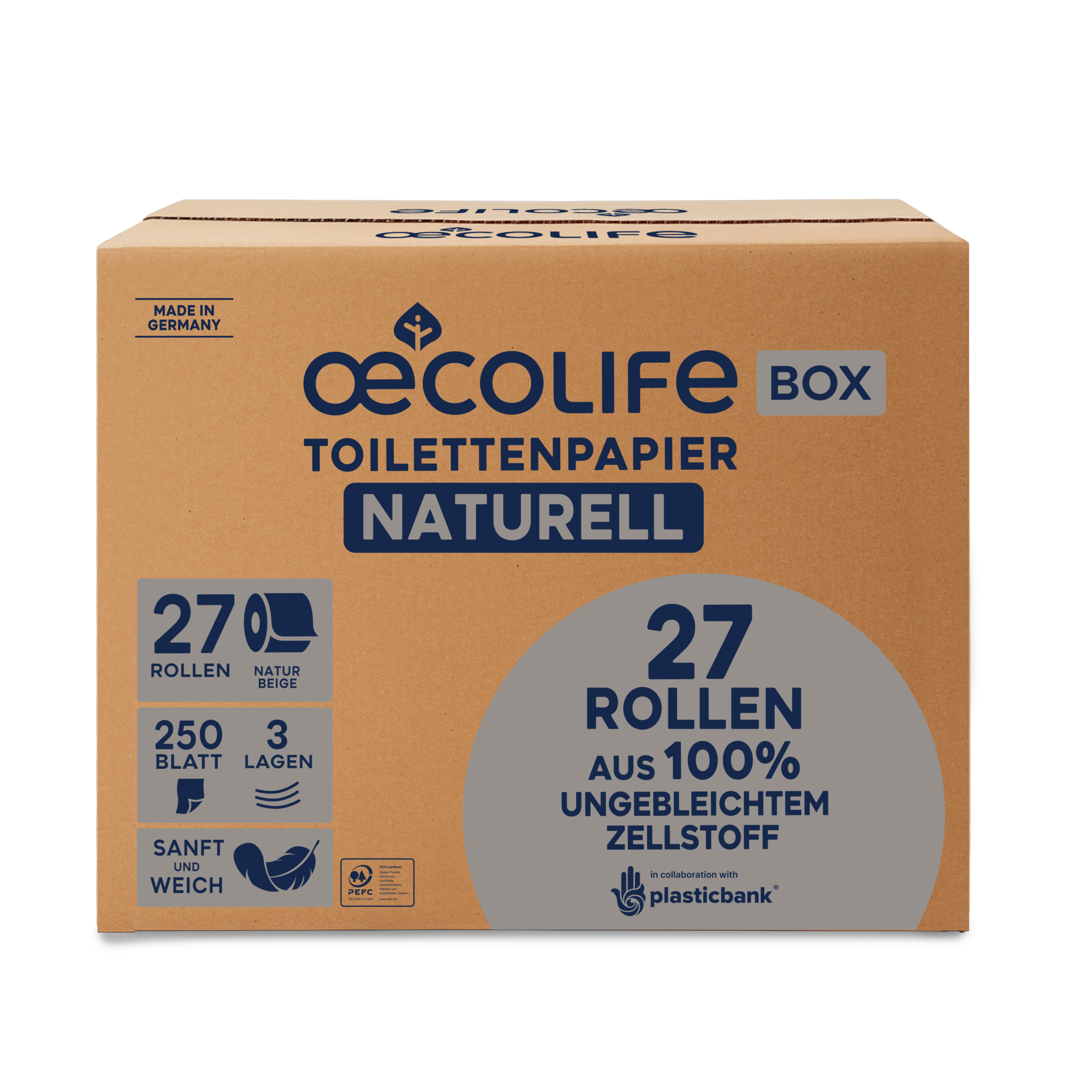 oecolife Toilettenpapier 3-lagig naturbeige 250 Bl./Rl. 27 Rl./Pack.