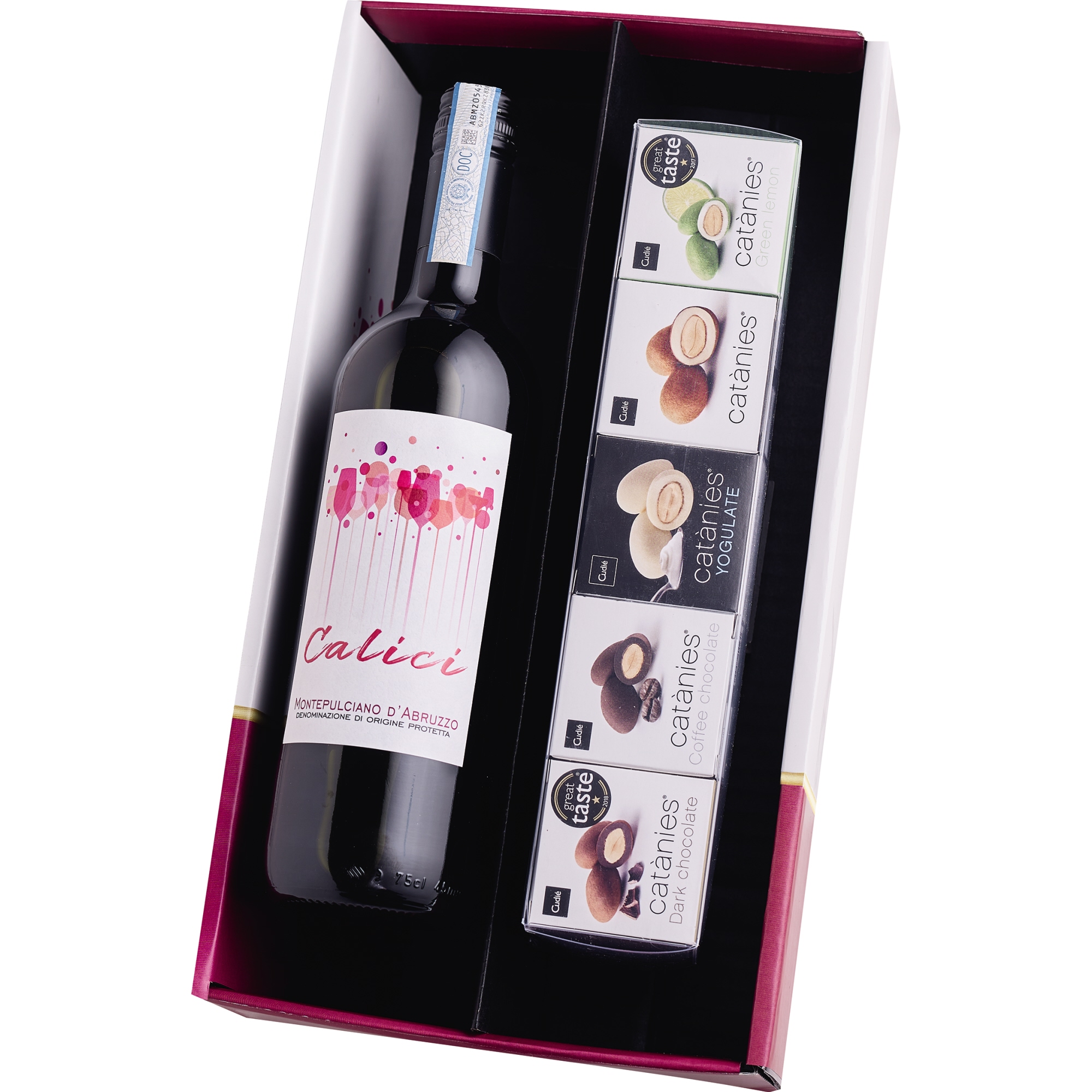 Rotwein Delikatessenset Montepulciano Montepulciano je 1 x Montepulciano d' Abbruzzo DOC Di Camillo Vini 0,75 l, Geschenk-Set Catànies Mandeln Collection verschiedene Sorten 5 x 35 = 175 g, Dekorativer Geschenkkarton 12,5 Vol.%
