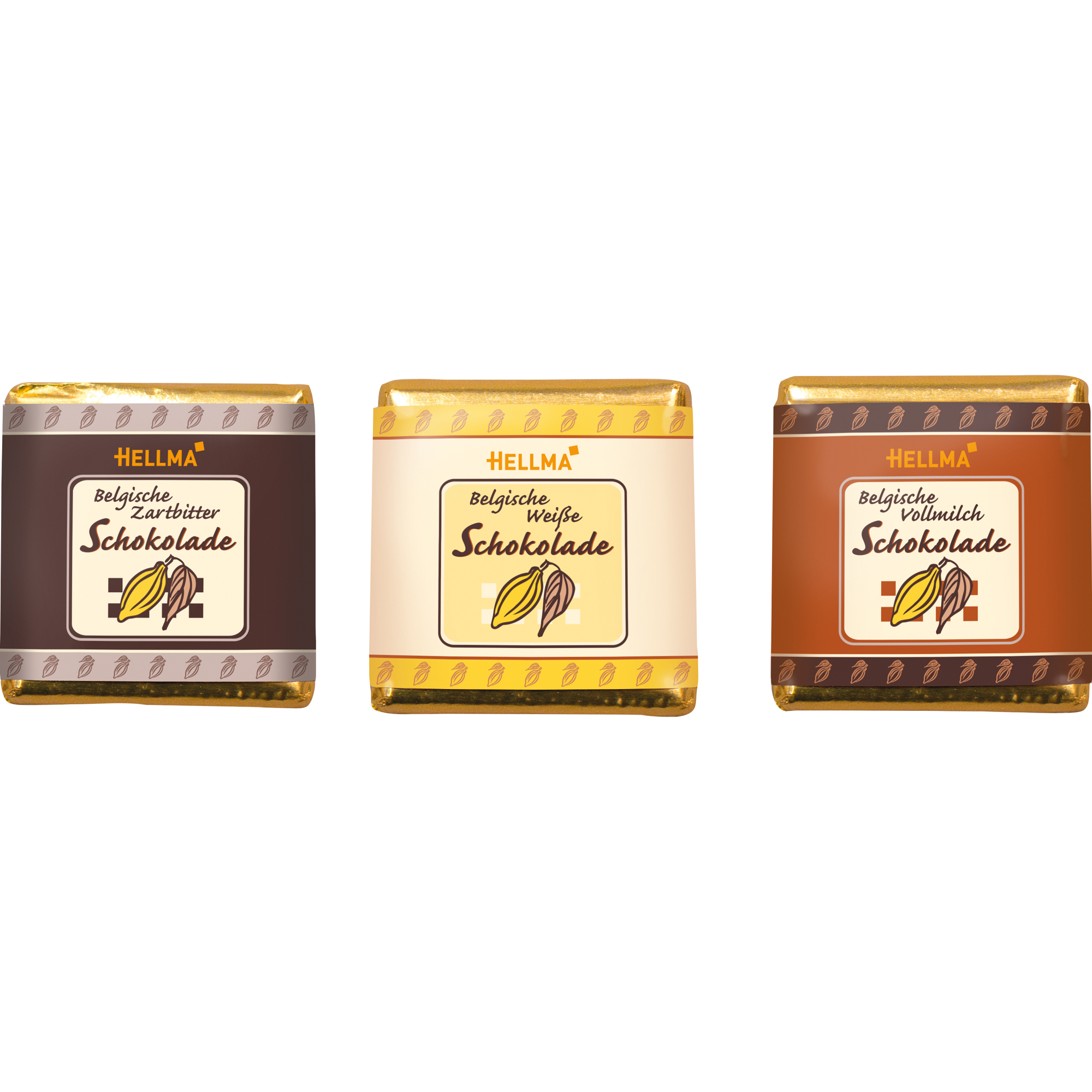 Hellma Schokolade Belgische Täfelchen Zartbitter, Vollmilch, weiße Schokolade 130 x 4,5 g/Pack.