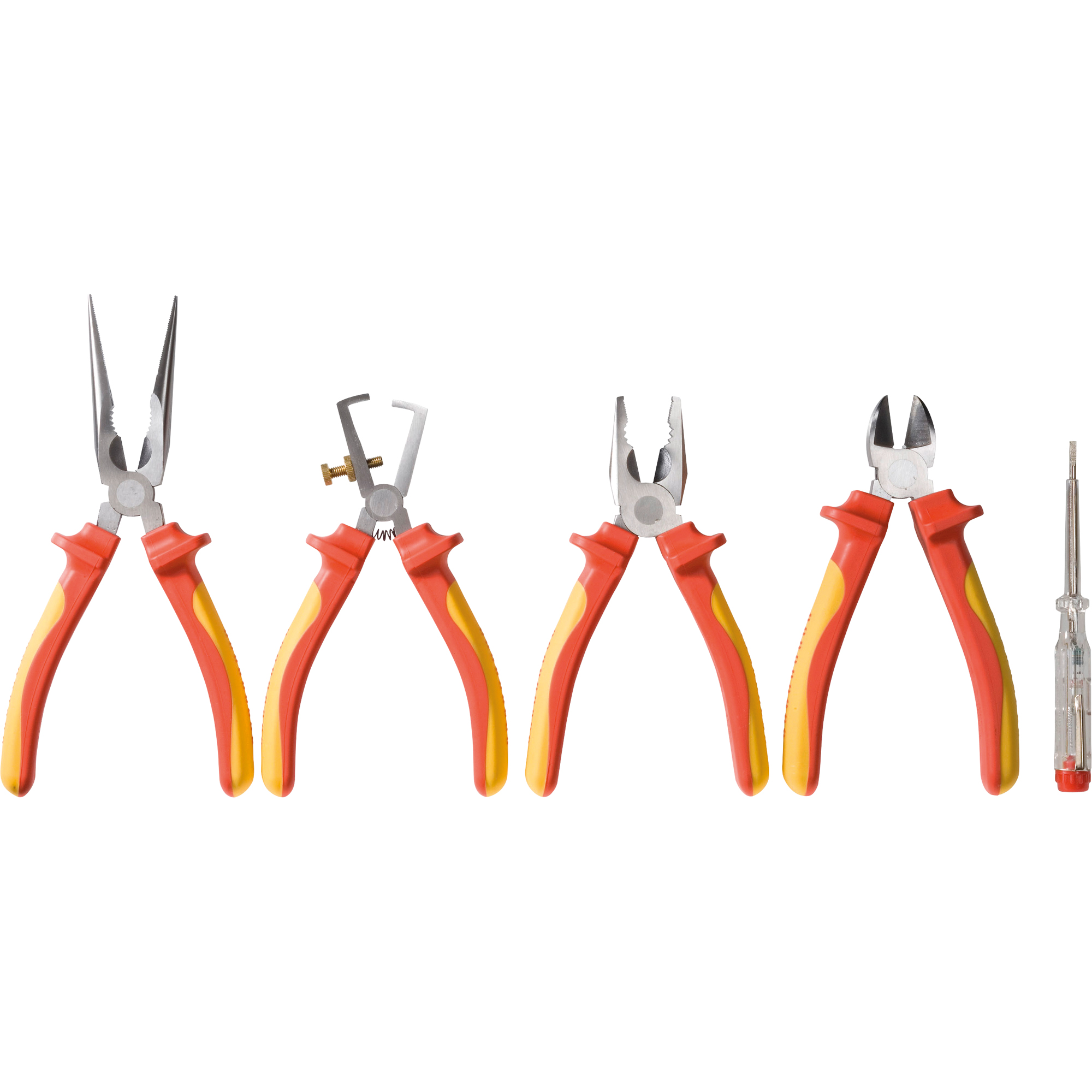 TOOLCRAFT Zangen-Set 5 Teile Seitenschneider (160 mm), Kombizange (160 mm), Flachrundzange (200 mm), Abisolierzange (160 mm), Phasenprüfer, Tasche 2-Komponentengriff gelb/rot