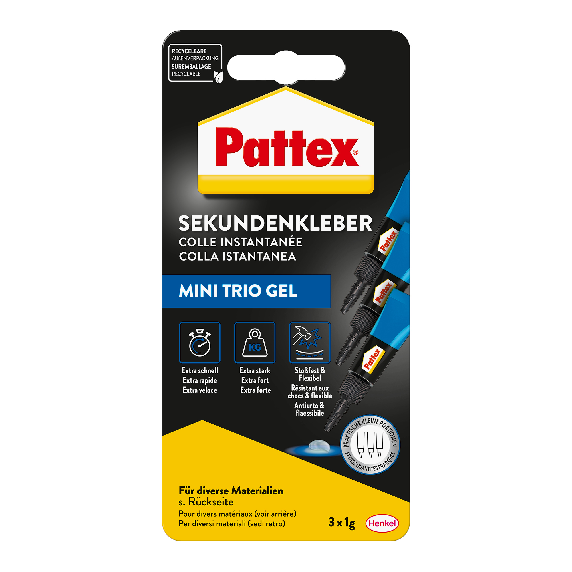 Pattex Sekundenkleber Ultra Gel MINI TRIO Gummi, Leder, Porzellan, Holz, Papier, Kunststoff, Metall Punktdüse 3 x 1 g/Pack.