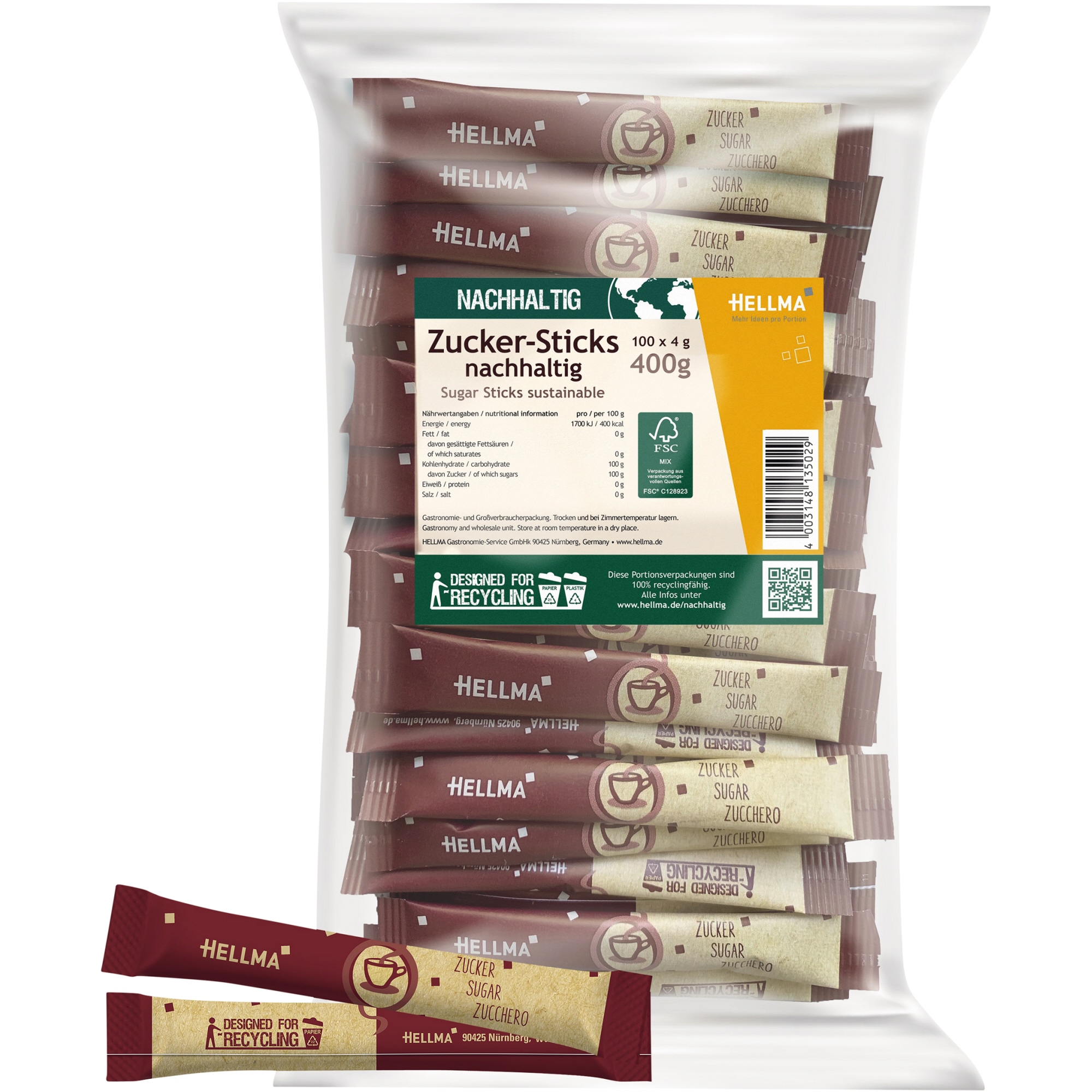 Hellma Zucker Stick Beutel 100 x 4 g/Pack.