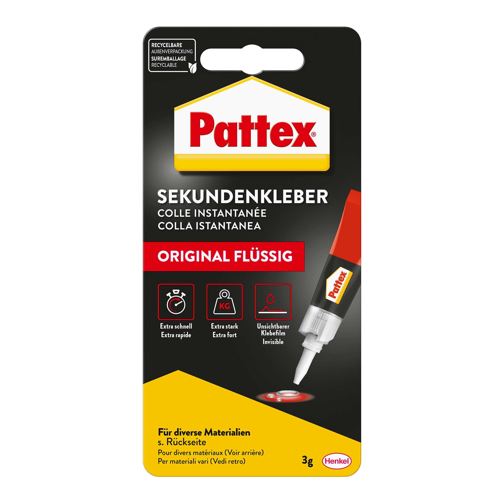 Pattex Sekundenkleber Original flüssig Kunststoffe, Porzellan 3g