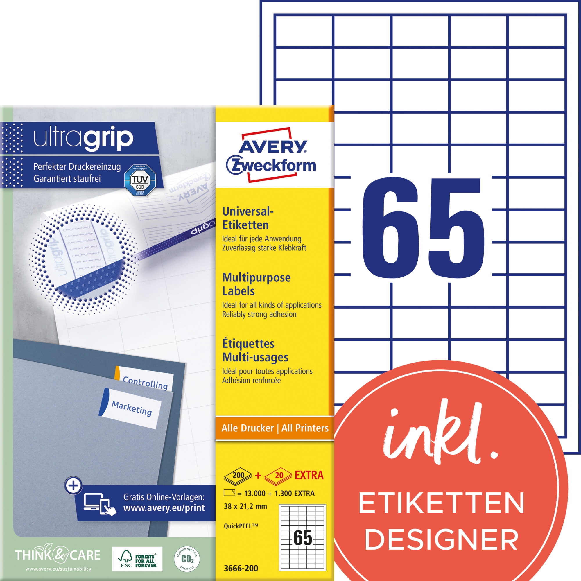 Avery Zweckform Universaletikett ultragrip 38 x 21,2 mm (B x H) nicht wieder ablösbar Papier weiß 14.300 Etik./Pack.
