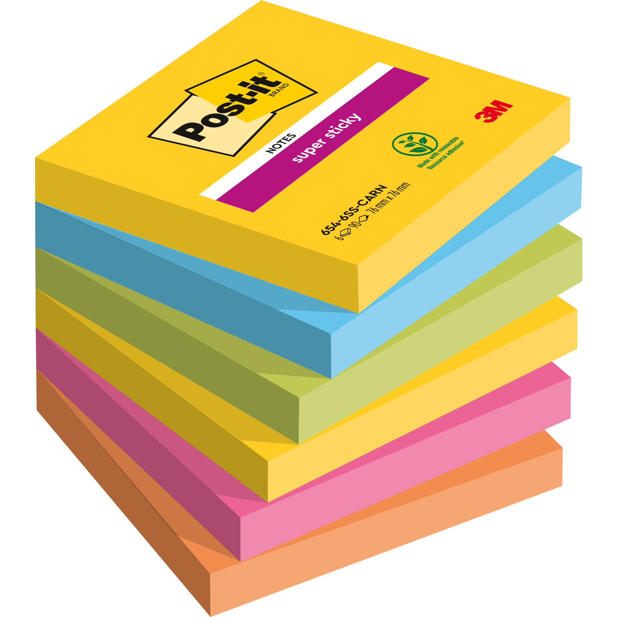 Post-it® Haftnotiz Super Sticky Notes Carnival Collection 76 x 76 mm (B x H) ultragelb, paradiseblau, limonengrün, powerpink, vitalorange 90 Bl./Block 6 Block/Pack.