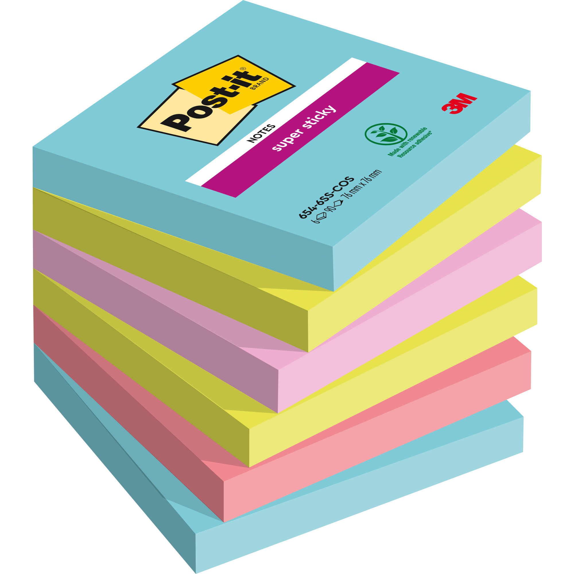 Post-it® Haftnotiz Super Sticky Notes Cosmic Collection 76 x 76 mm (B x H) türkis, neongrün, tropicalpink, guavapink 90 Bl./Block 6 Block/Pack.