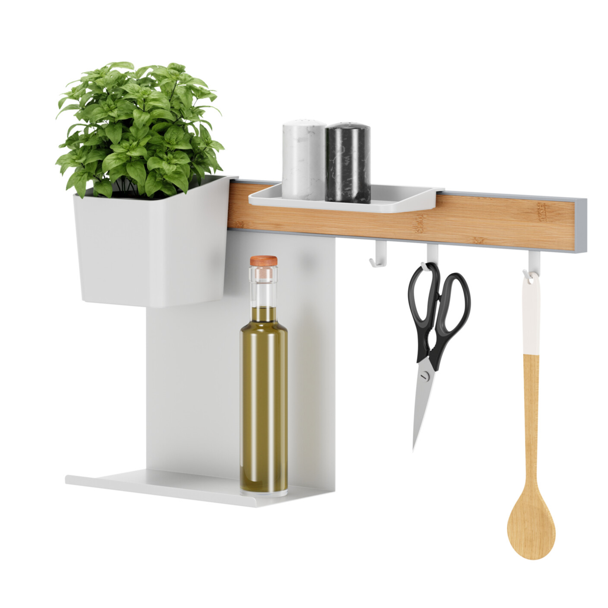 tesa® Küchenorganizer Kombi Set S 60 x 34 x 15 cm (B x H x T) Reling (6 x 60 x 2 cm), Kräutertopf (13,5 x 13,5 x 14 cm), 3 Haken (5 x 1,5 x 2 cm), große Ablage (28,5 x 19,5 x 14 cm), kleine Ablage (2 x 19,5 x 10 cm), Wasserwaage