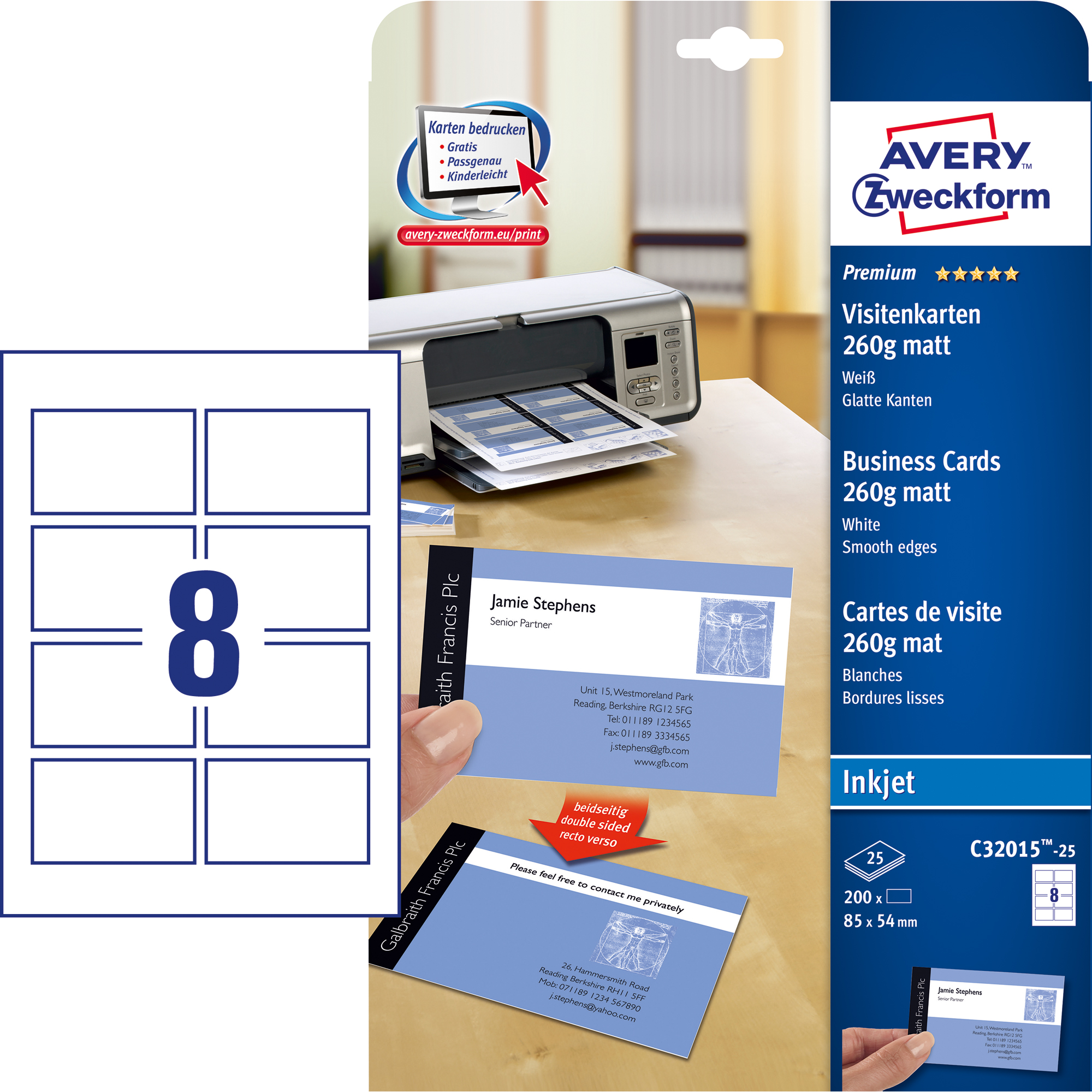 Avery Zweckform Visitenkarte Premium DIN A4 260g/m² weiß 25 Bl./Pack. 200 St./Pack.