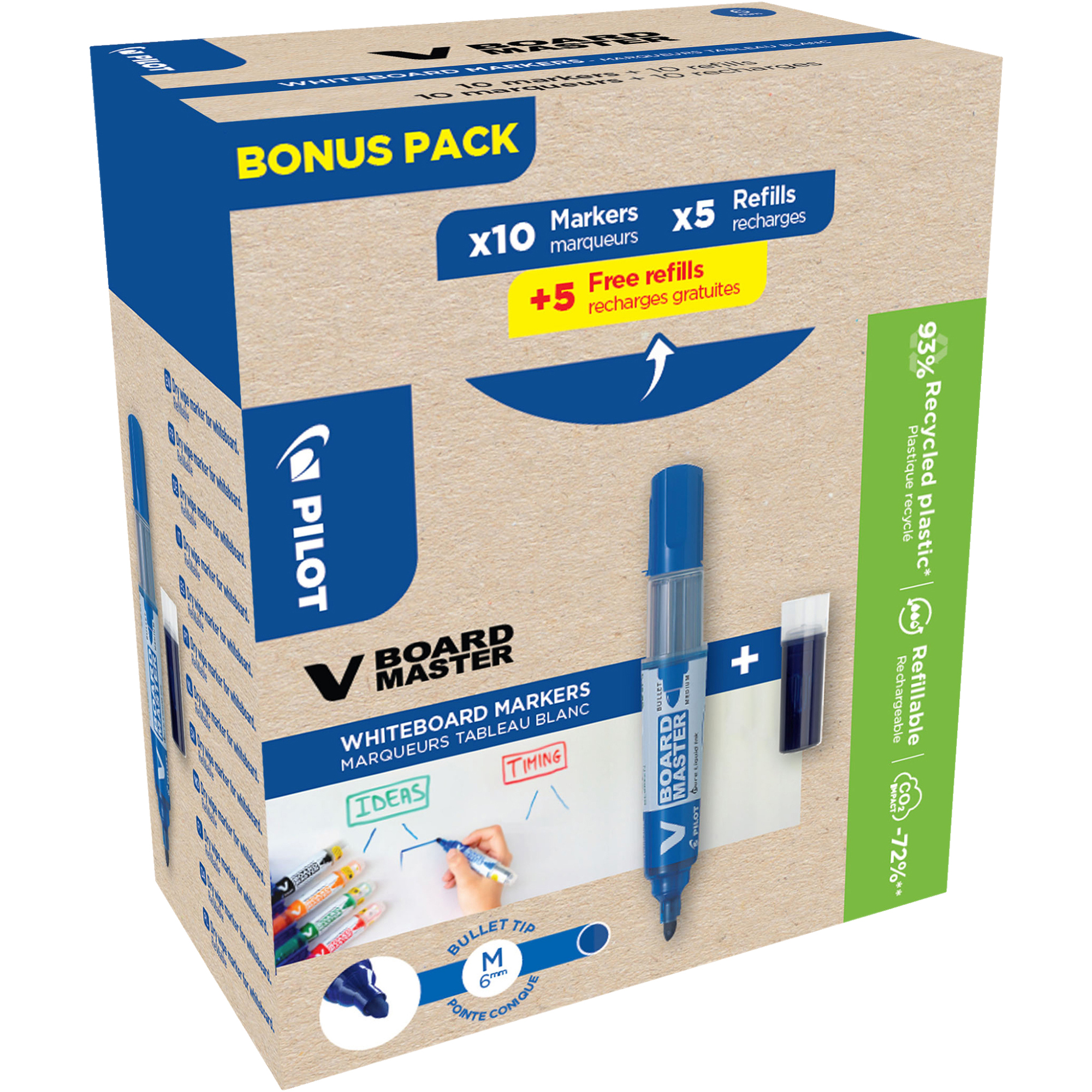 PILOT Whiteboard-/Flipchartmarker V-Board Master BeGreen 2,3mm blau Rundspitze inkl. 10 Patronen 5003 10 St./Pack.