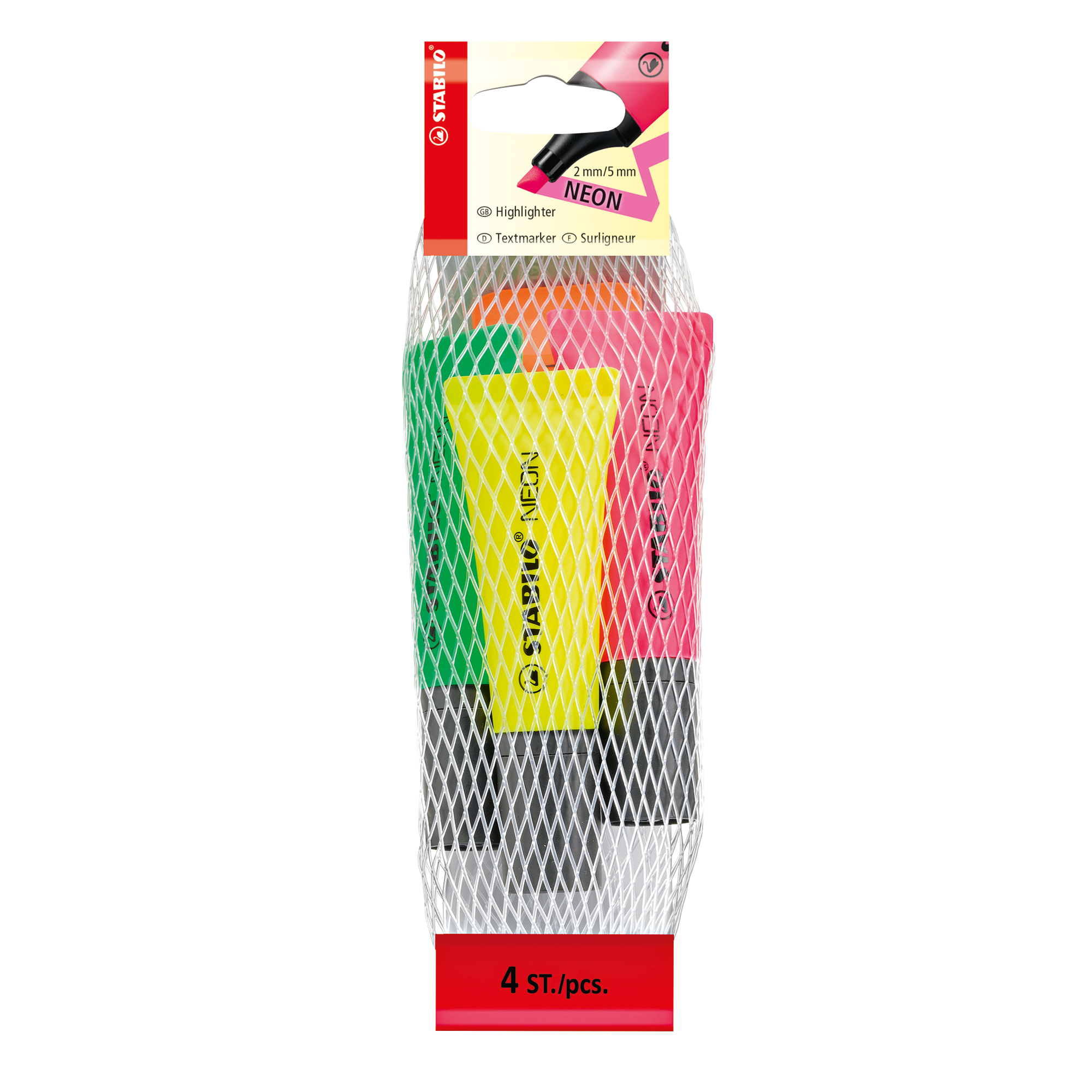 STABILO® Textmarker NEON 2-5mm farbig sortiert Keilspitze 4 St./Pack.