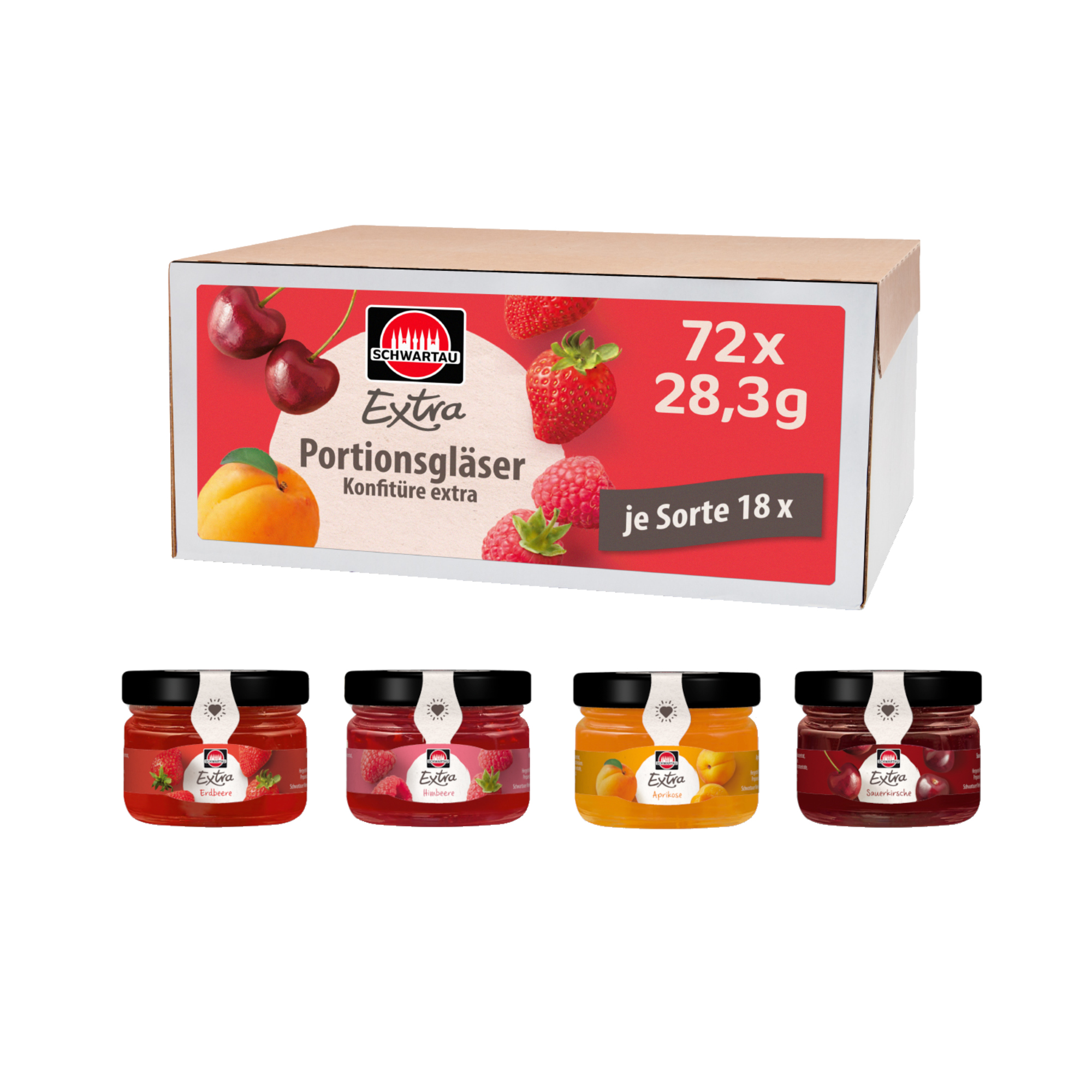 Schwartau Brotaufstrich Extra Konfitüre Erdbeer, Aprikose, Himbeer, Sauerkirsch Portionsglas 72 x 28,3 g/Pack.