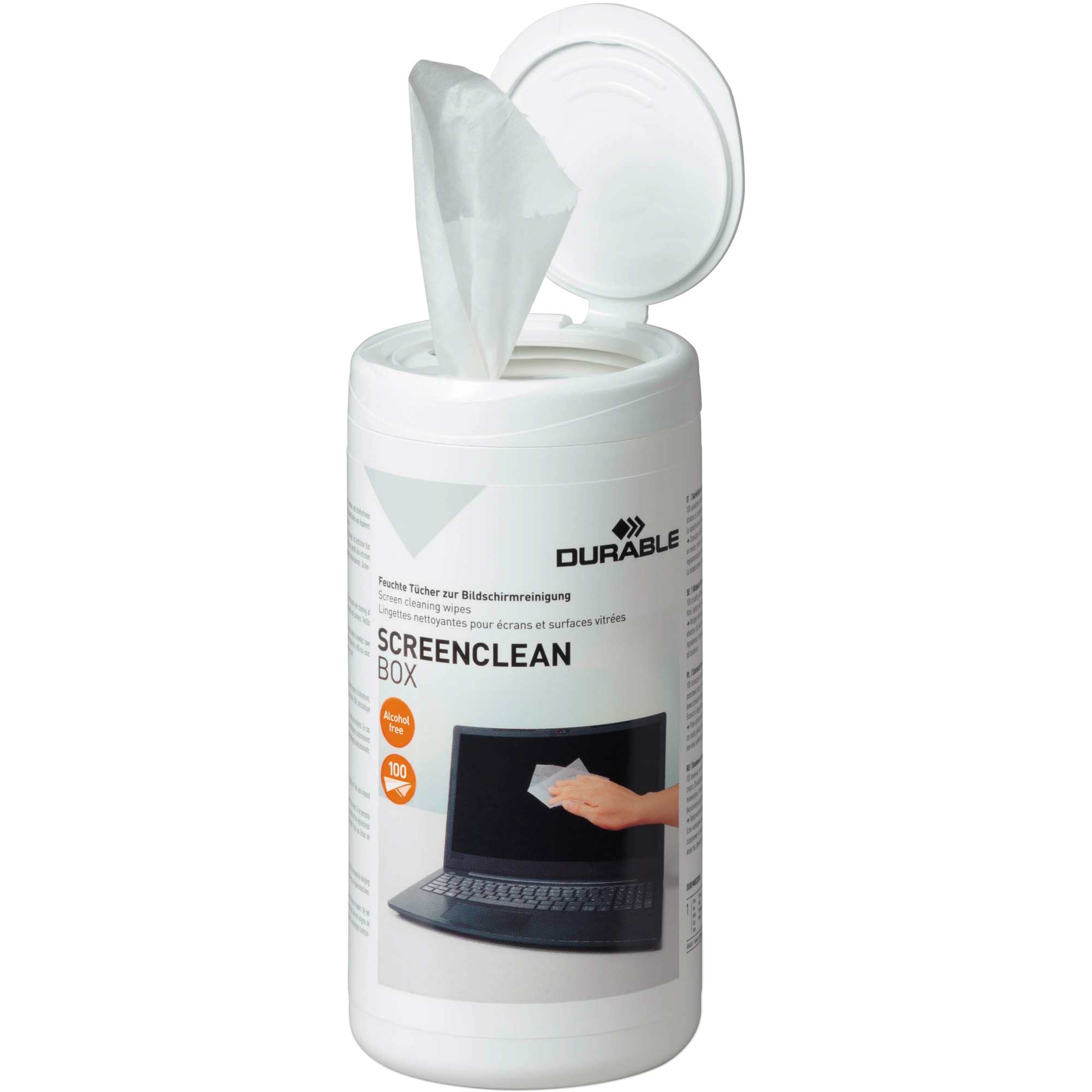 DURABLE Reinigungstuch SCREENCLEAN® BOX CRT-Monitore, TFT-Monitore, Laptops, Bildschirmfilter, Glasoberflächen von Kopierern, Glasoberflächen von Scannern feucht 100 St./Pack.