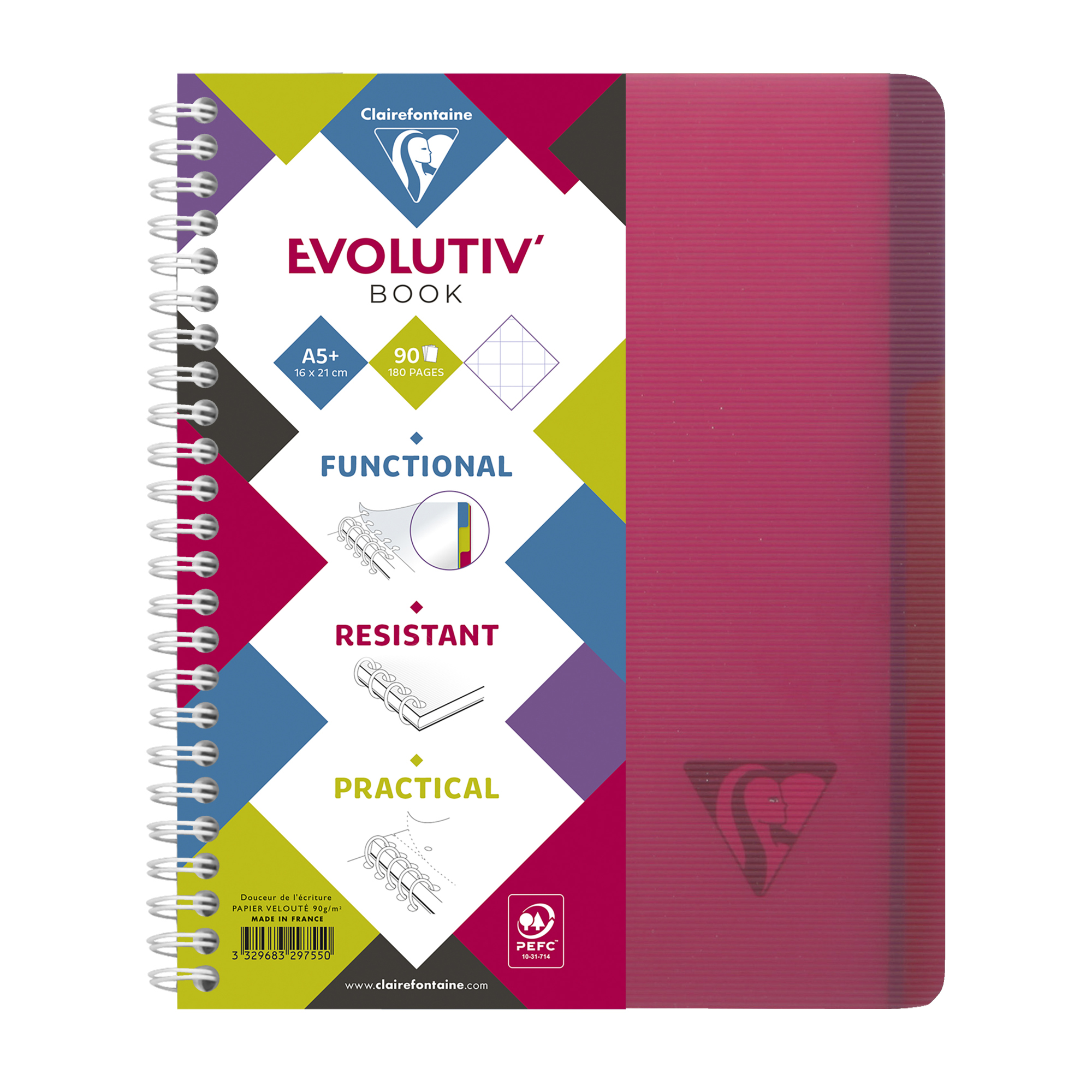 Clairefontaine Collegeblock Evolutiv'Book DIN A5+ kariert 90g/m² farbig sortiert (freie Farbauswahl nicht möglich) 90 Bl.