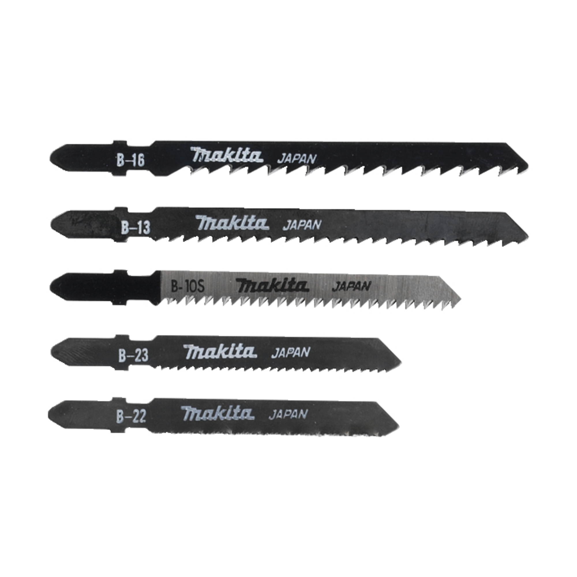 Makita® Sägeblatt A-86898 Stichsäge je ein Stichsägeblatt des Typs B-10S, B-16, B-13, B-22, B-23 Hochleistungs-Schnellstahl (HSS), Werkzeugstahl (HCS) 5 St./Pack.
