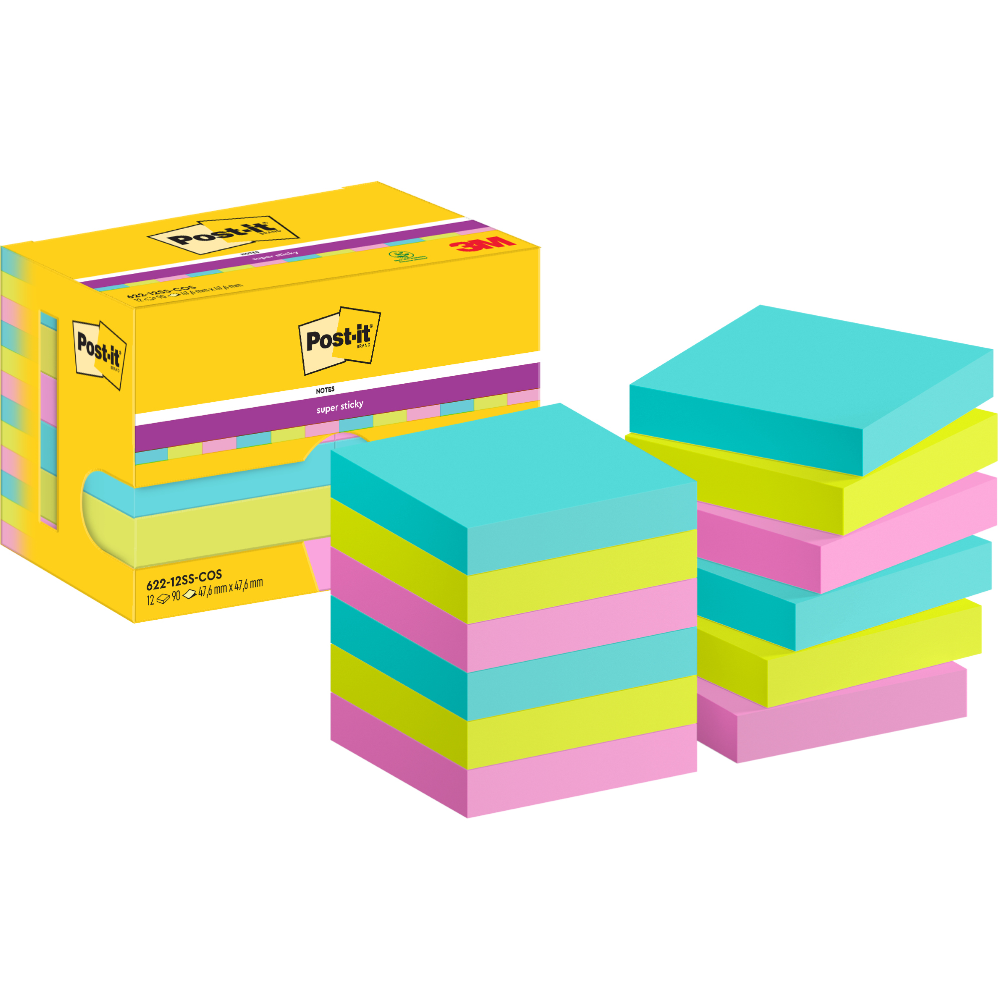 Post-it® Haftnotiz Super Sticky Notes Cosmic Collection 47,6 x 47,6 mm (B x H) je 4 x türkis, neongrün, tropicalpink 90 Bl./Block 12 Block/Pack.