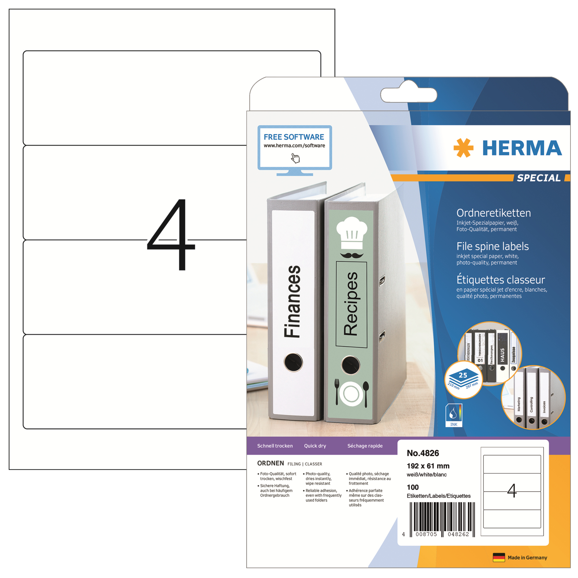 HERMA Ordnerrückenetikett SPECIAL breit/kurz 61 x 192 mm (B x H) selbstklebend ohne Griffloch weiß 100 Etik./Pack.