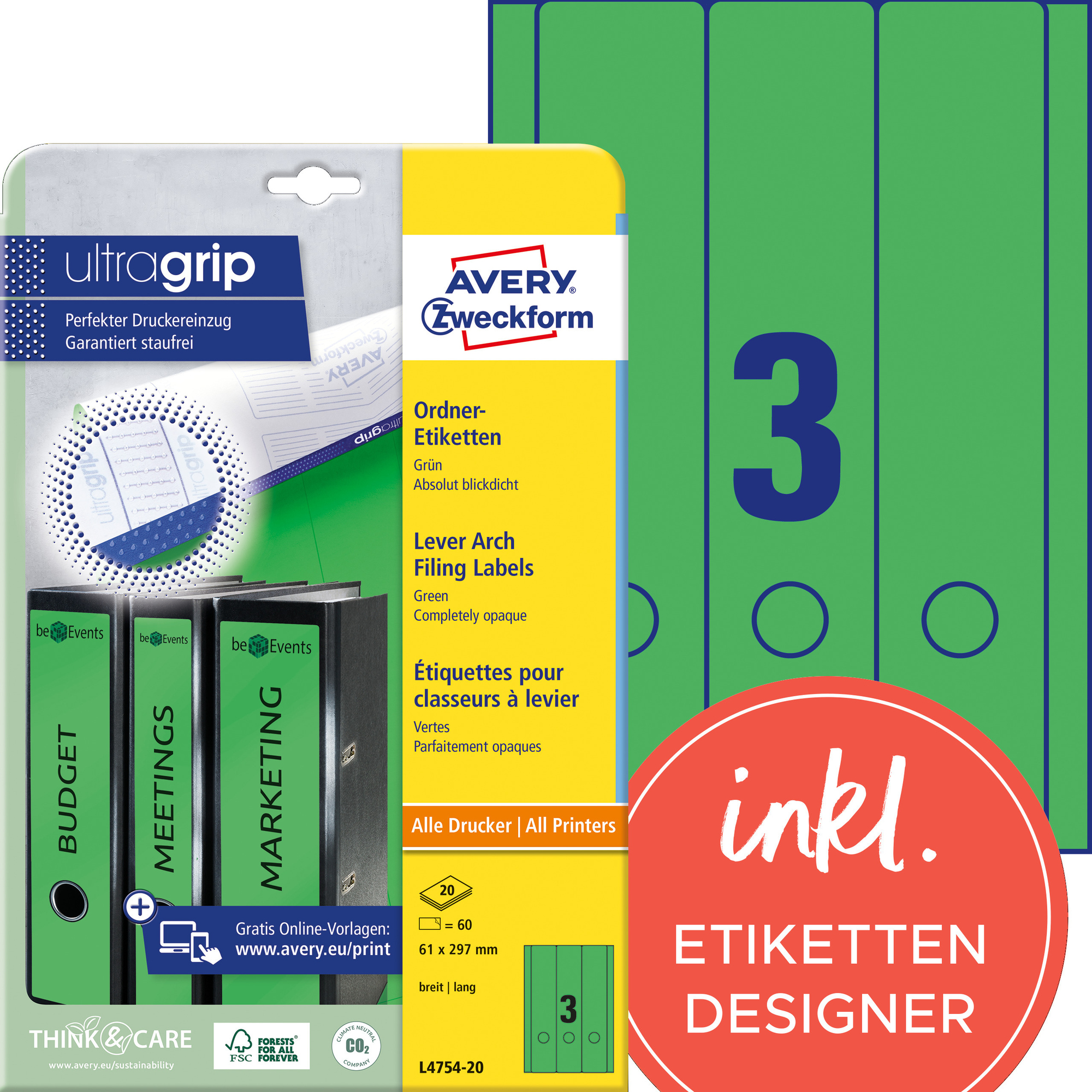 Avery Zweckform Ordnerrückenetikett ultragrip breit/lang 61 x 297 mm (B x H) selbstklebend mit Griffloch grün 60 Etik./Pack.