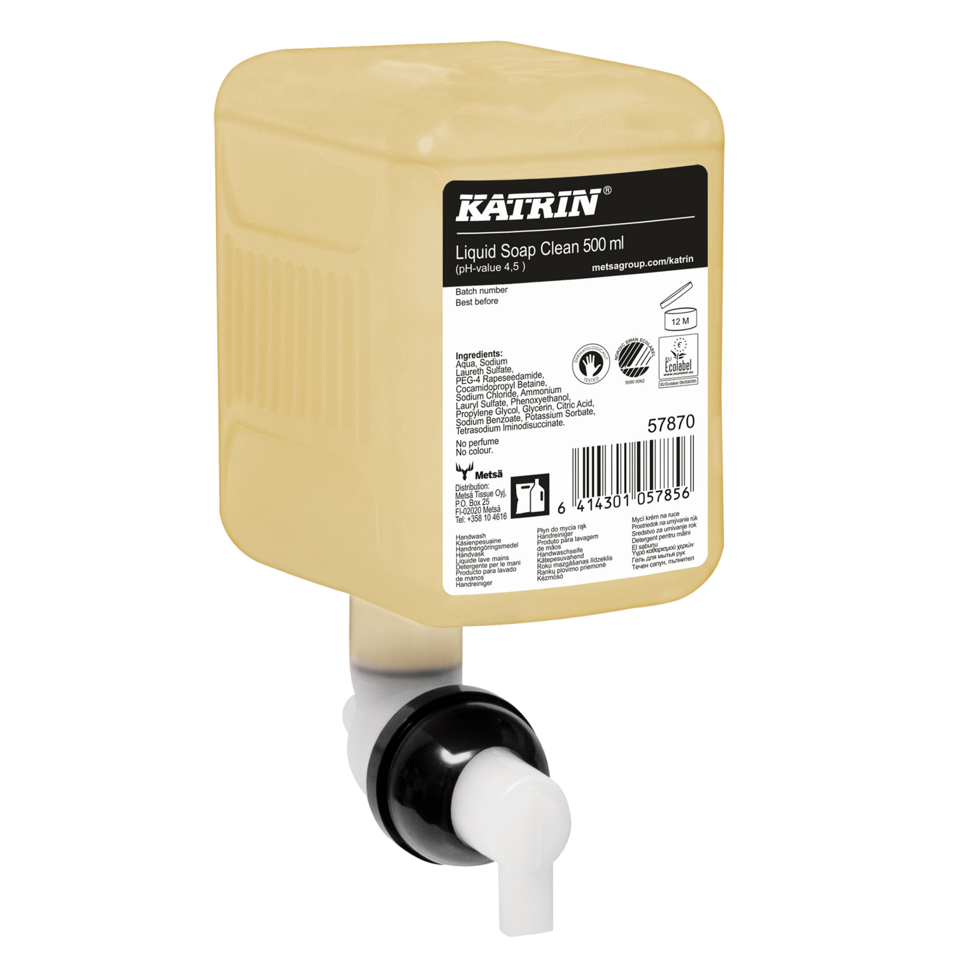 Katrin Flüssigseife Clean neutral pH-Wert: 4,5 Ausführung des Behälters: Kartusche Material des Behälters: Kunststoff 0,5l