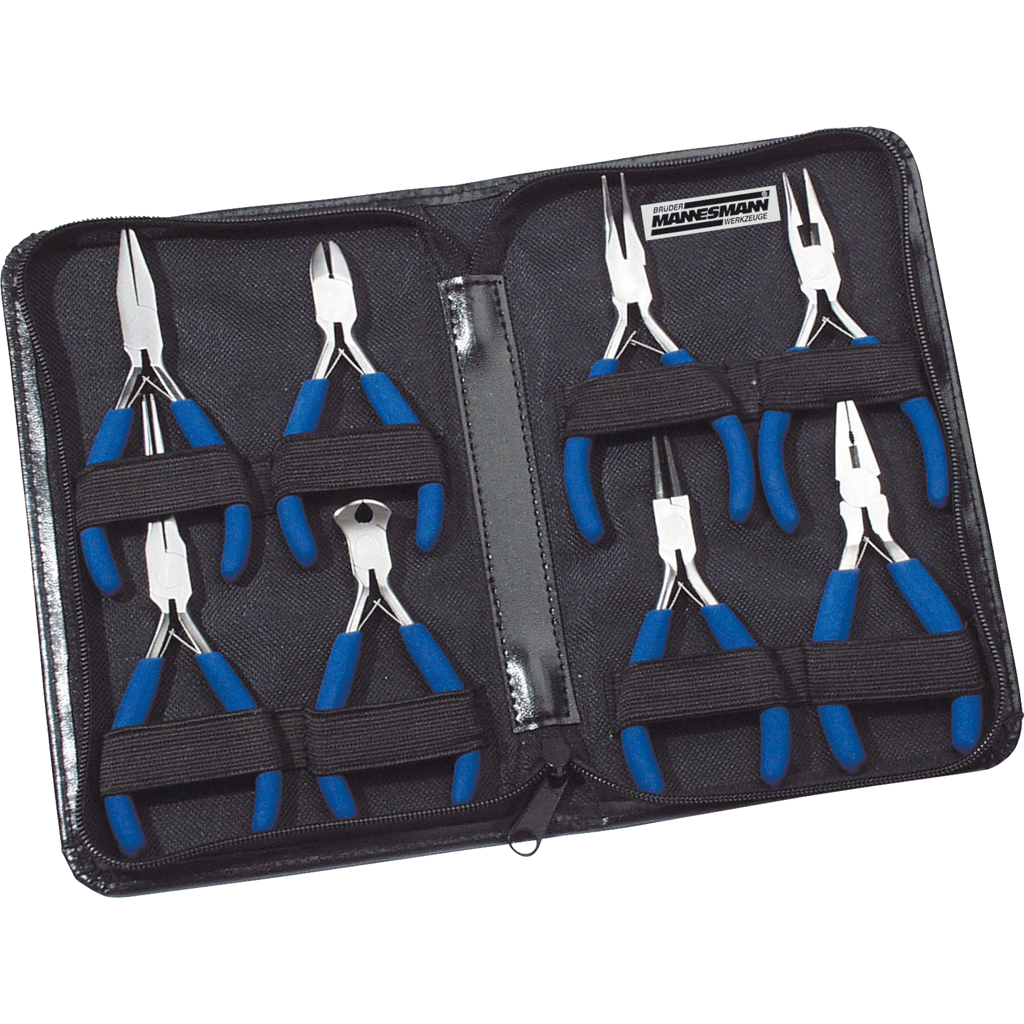 BRÜDER MANNESMANN Zangen-Set 8 Teile Seitenschneider (110 mm), Vornschneider (100 mm), Kombizange (115 mm), Spitzzange (120 mm), Spitzzange gebogen (120 mm), Rundzange (125 mm), Flachzange (120 mm), Nadelzange (145 mm), Etui blau